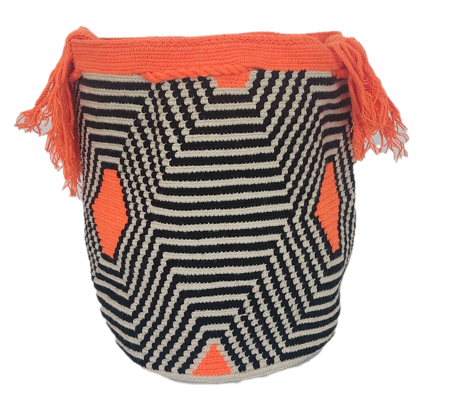 "Colorful handmade Wayuu crochet bag with geometric patterns, adjustable woven strap, ideal for versatile bohemian style."
