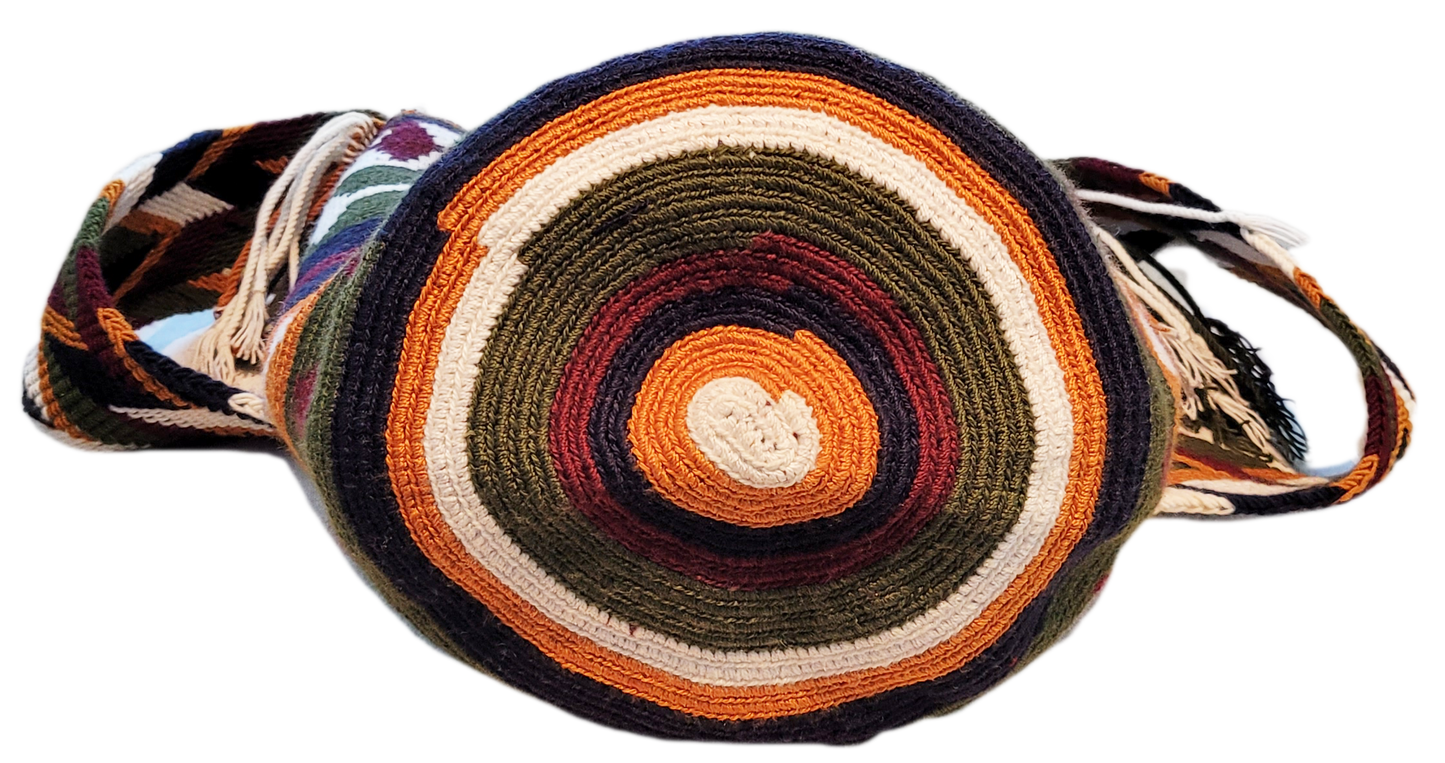 "Colorful handmade Wayuu crochet bag with geometric patterns, adjustable strap, perfect for daily use or beach outings."