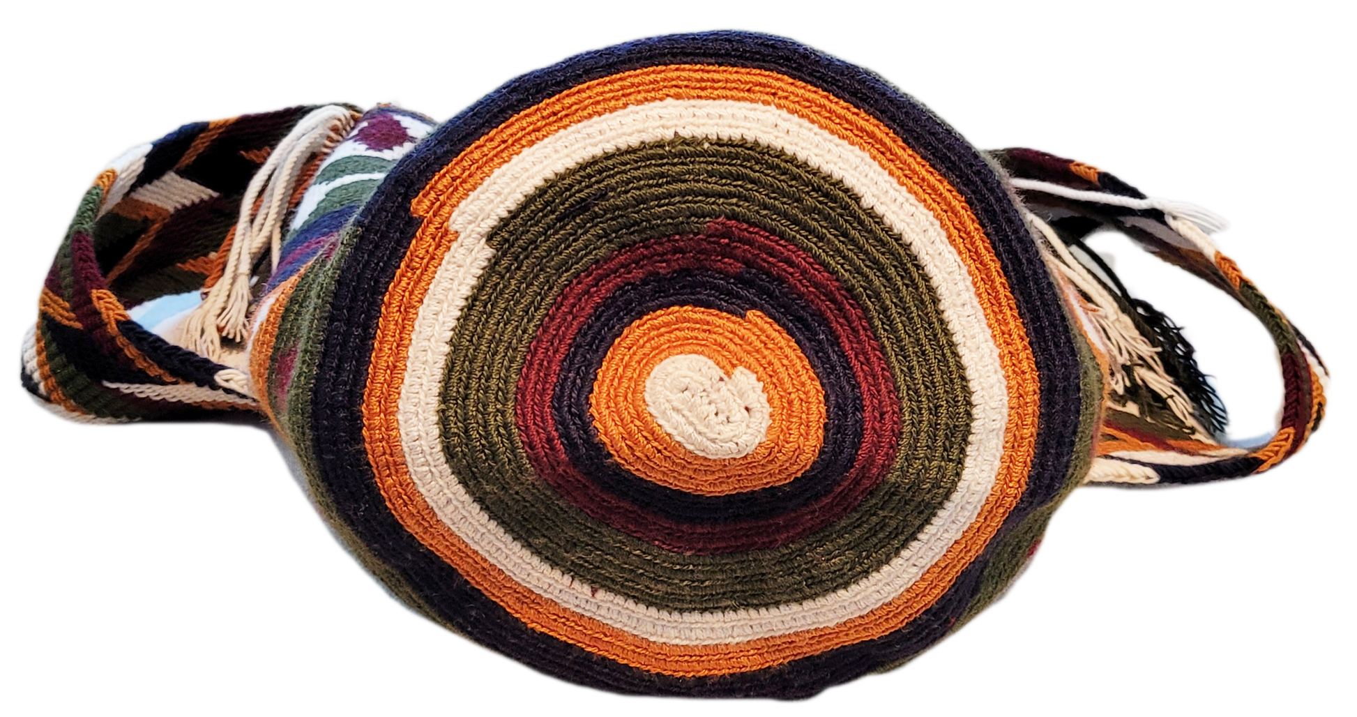 "Colorful handmade Wayuu crochet bag with geometric patterns, adjustable strap, perfect for daily use or beach outings."