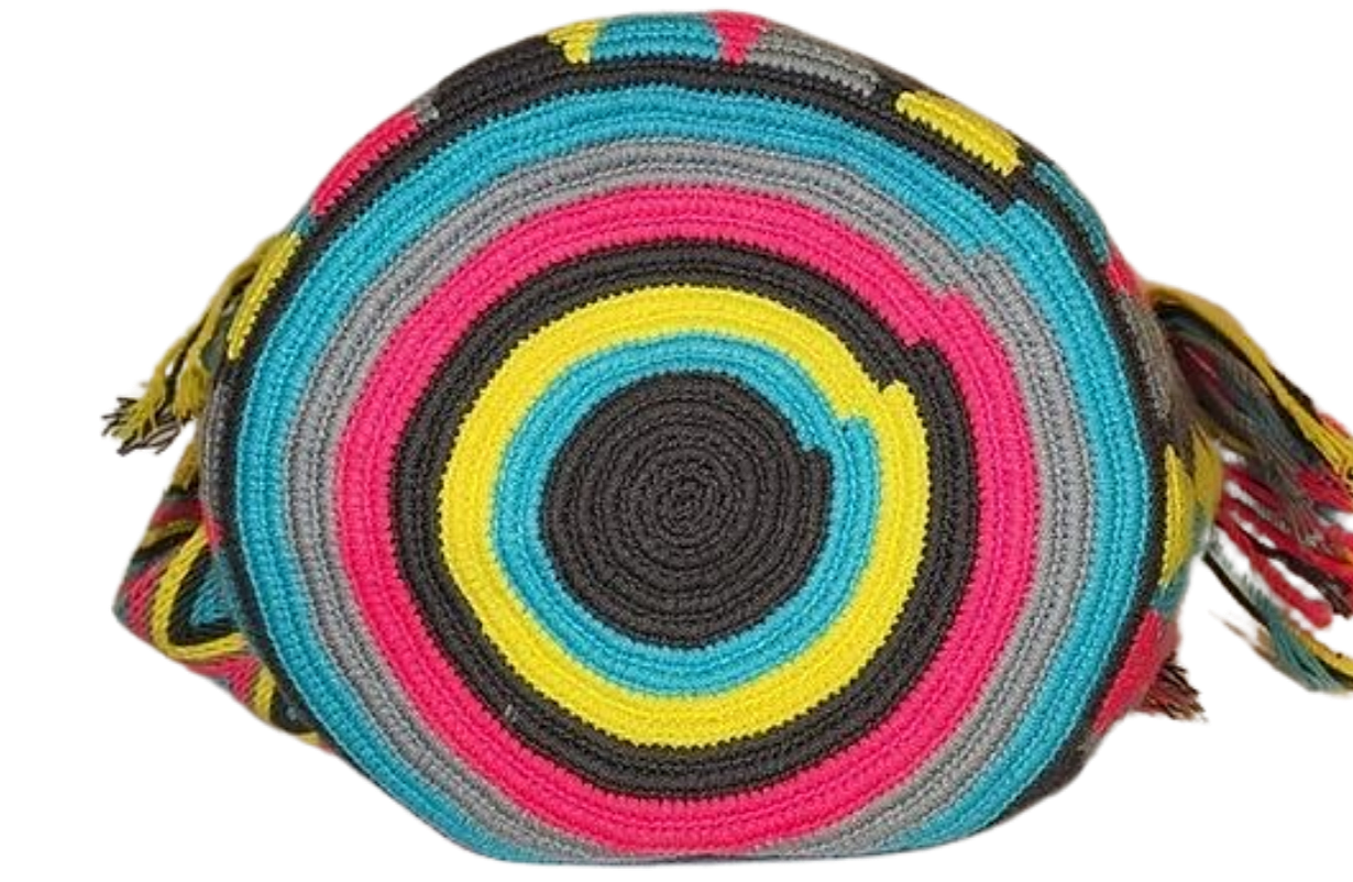 "Colorful handmade Wayuu crochet bag with geometric patterns, ideal as a boho crossbody or shoulder bag."