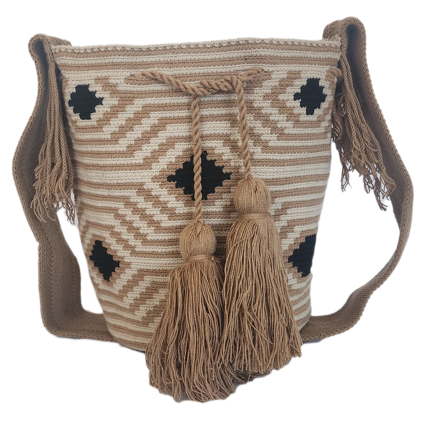 "Colorful handmade Wayuu crochet bag with geometric patterns, showcasing bohemian style and cultural craftsmanship."