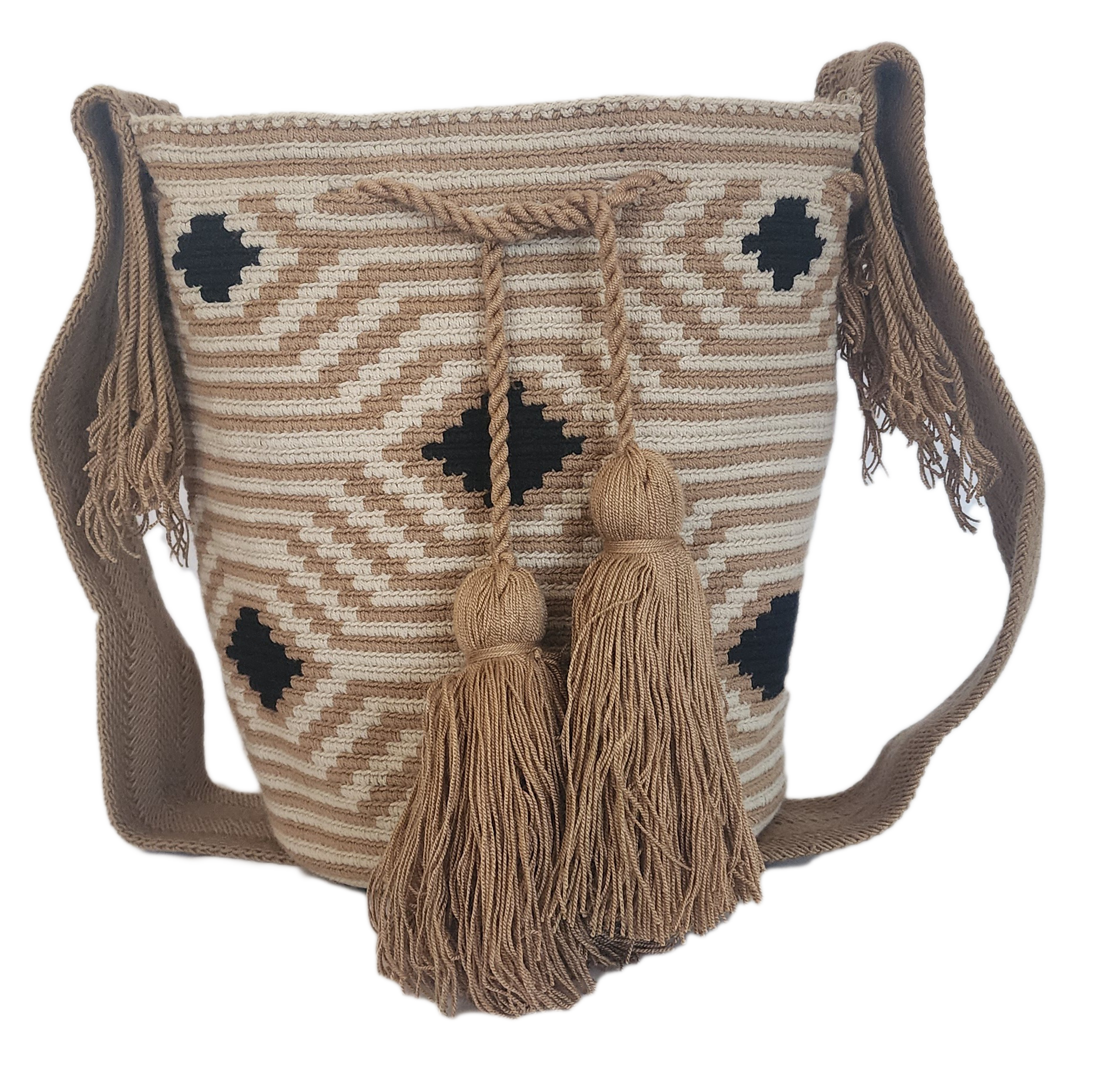 "Colorful handmade Wayuu crochet bag with geometric patterns, showcasing bohemian style and cultural craftsmanship."