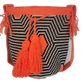 "Colorful handmade Wayuu crochet bag with geometric patterns, adjustable woven strap, ideal for versatile bohemian style."