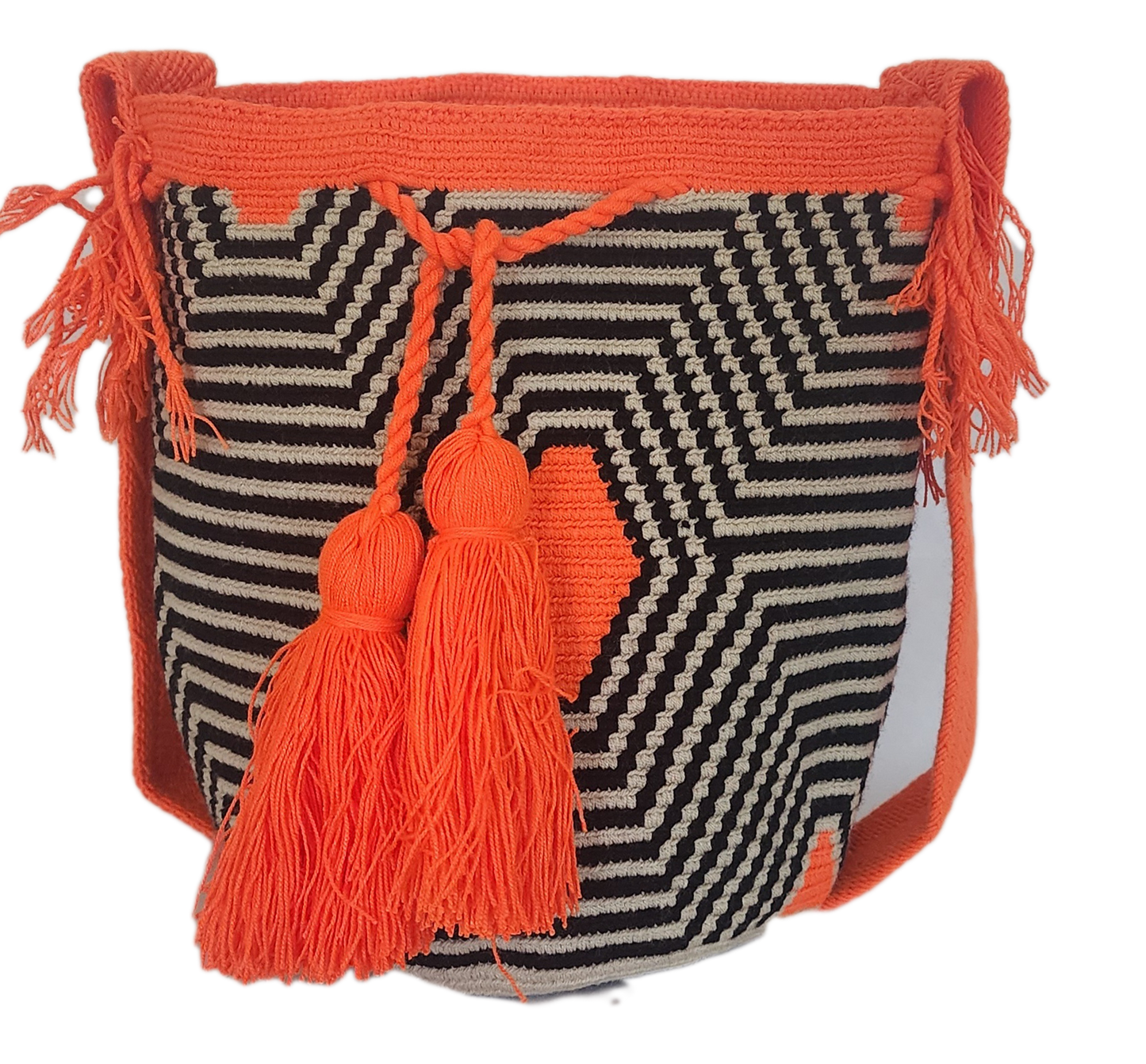 "Colorful handmade Wayuu crochet bag with geometric patterns, adjustable woven strap, ideal for versatile bohemian style."