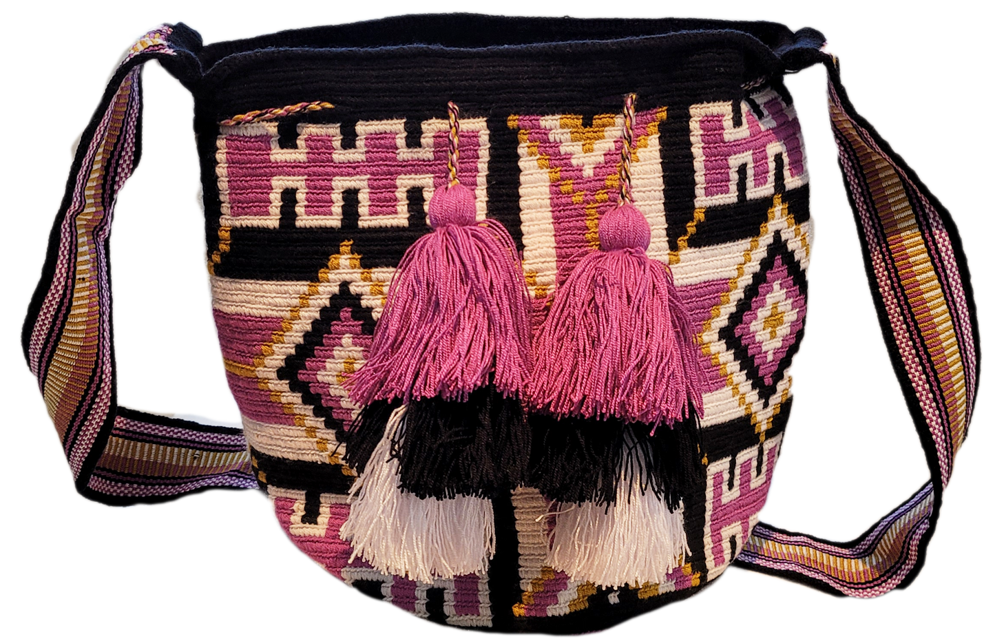 "Colorful handmade Wayuu crochet bag with geometric patterns and long, artisan-crafted straps for versatile wear."