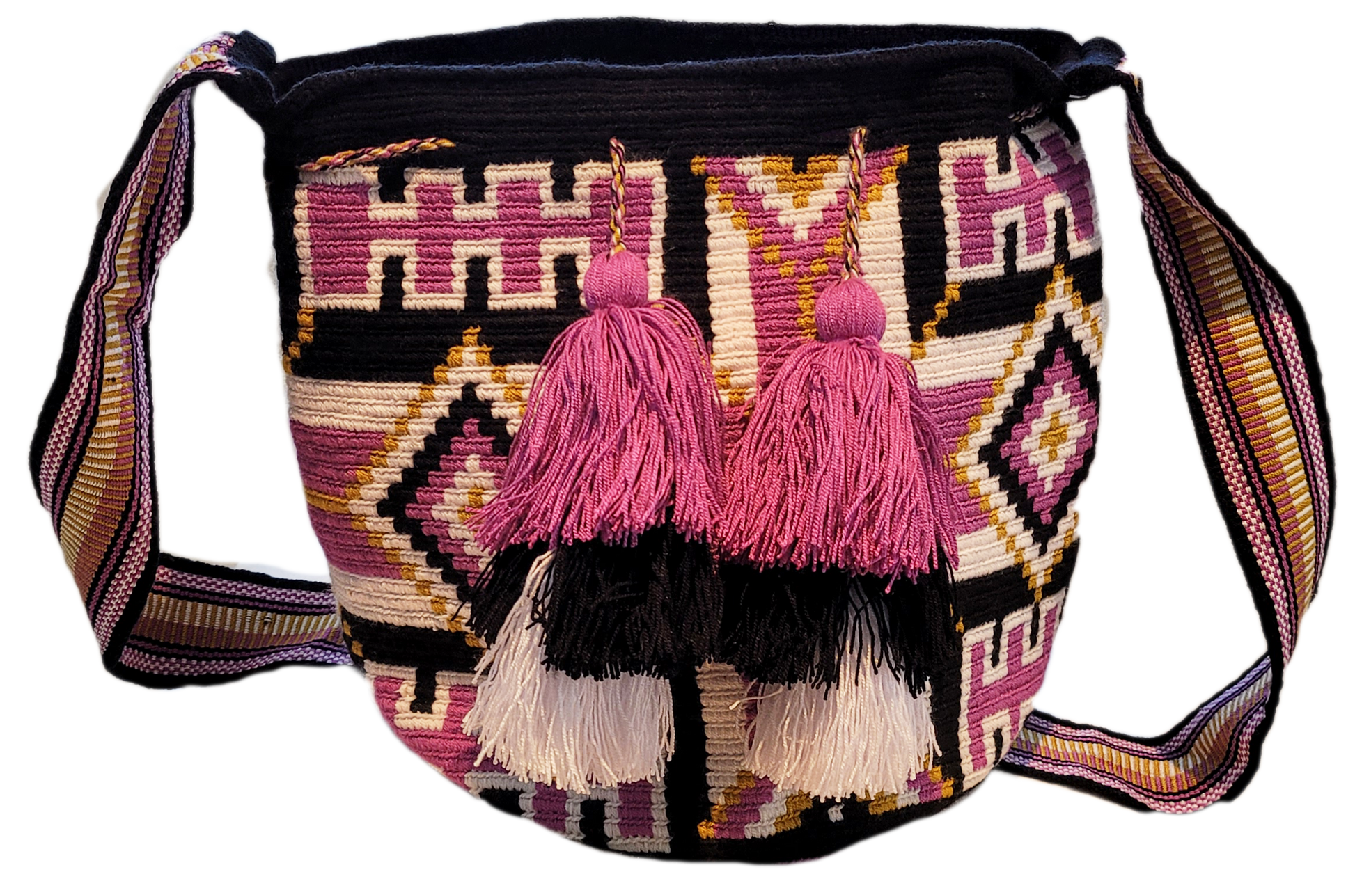 "Colorful handmade Wayuu crochet bag with geometric patterns and long, artisan-crafted straps for versatile wear."