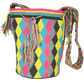"Colorful handmade Wayuu crochet bag with geometric patterns, ideal as a boho crossbody or shoulder bag."