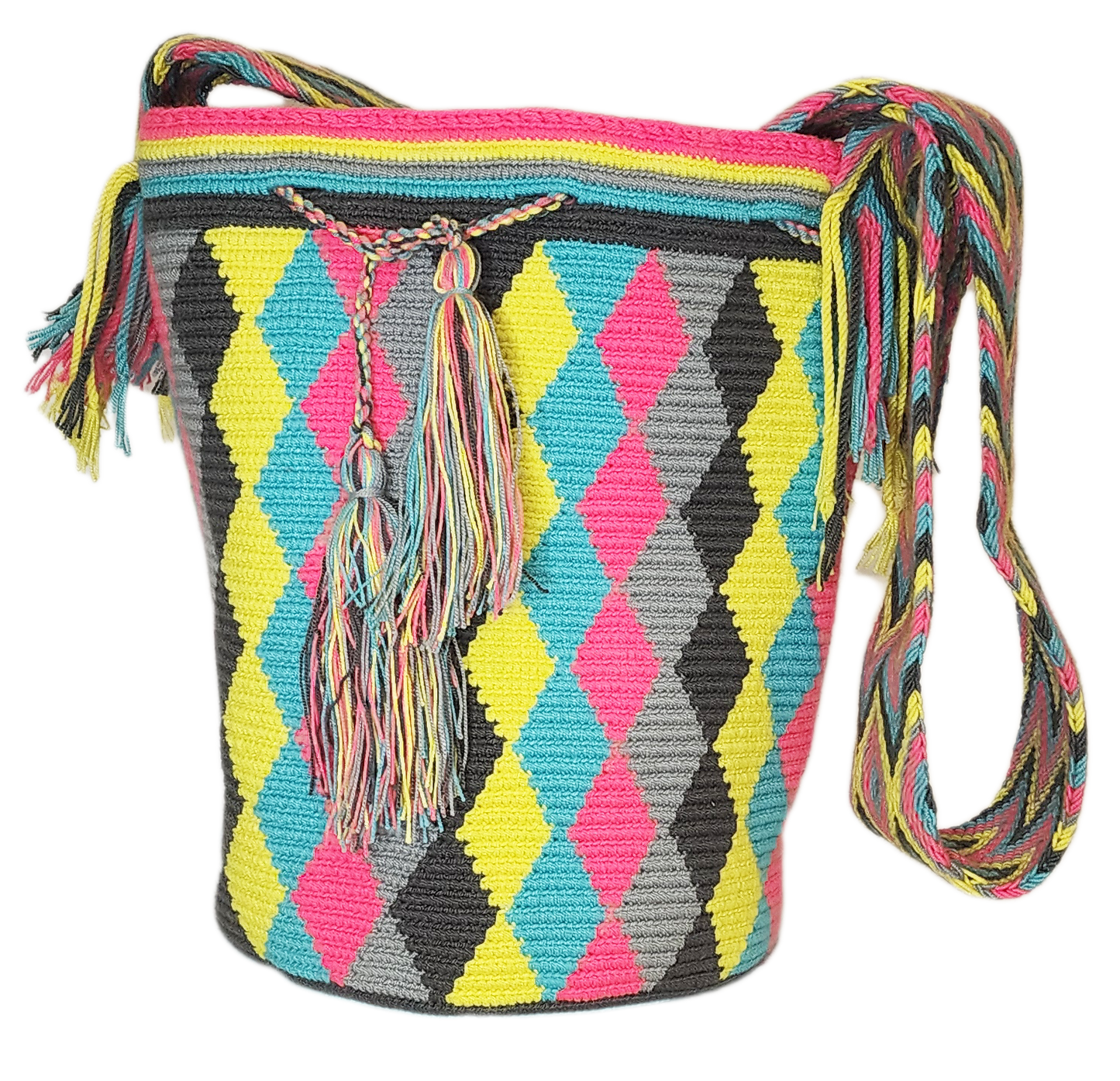 "Colorful handmade Wayuu crochet bag with geometric patterns, ideal as a boho crossbody or shoulder bag."