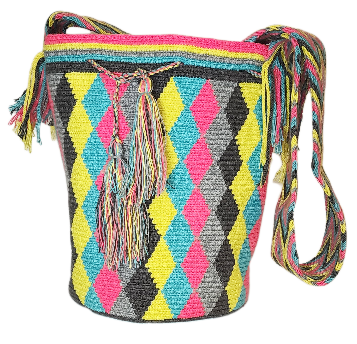"Colorful handmade Wayuu crochet bag with geometric patterns, ideal as a boho crossbody or shoulder bag."