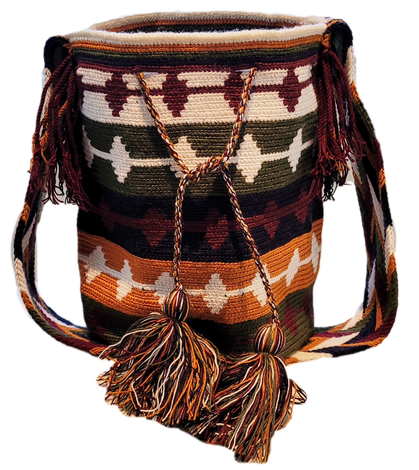 "Colorful handmade Wayuu crochet bag with geometric patterns, adjustable strap, perfect for daily use or beach outings."