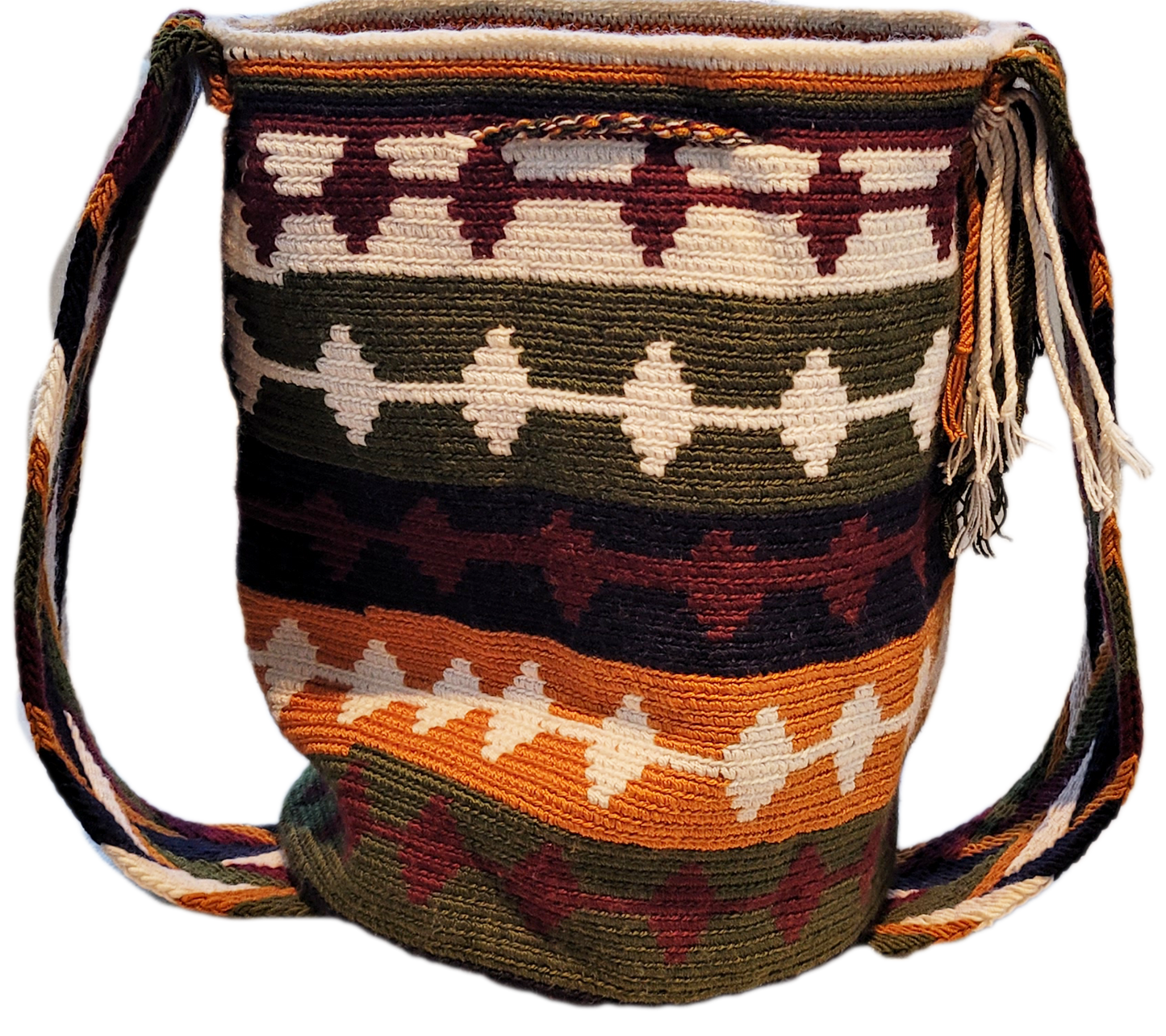"Colorful handmade Wayuu crochet bag with geometric patterns, adjustable strap, perfect for daily use or beach outings."