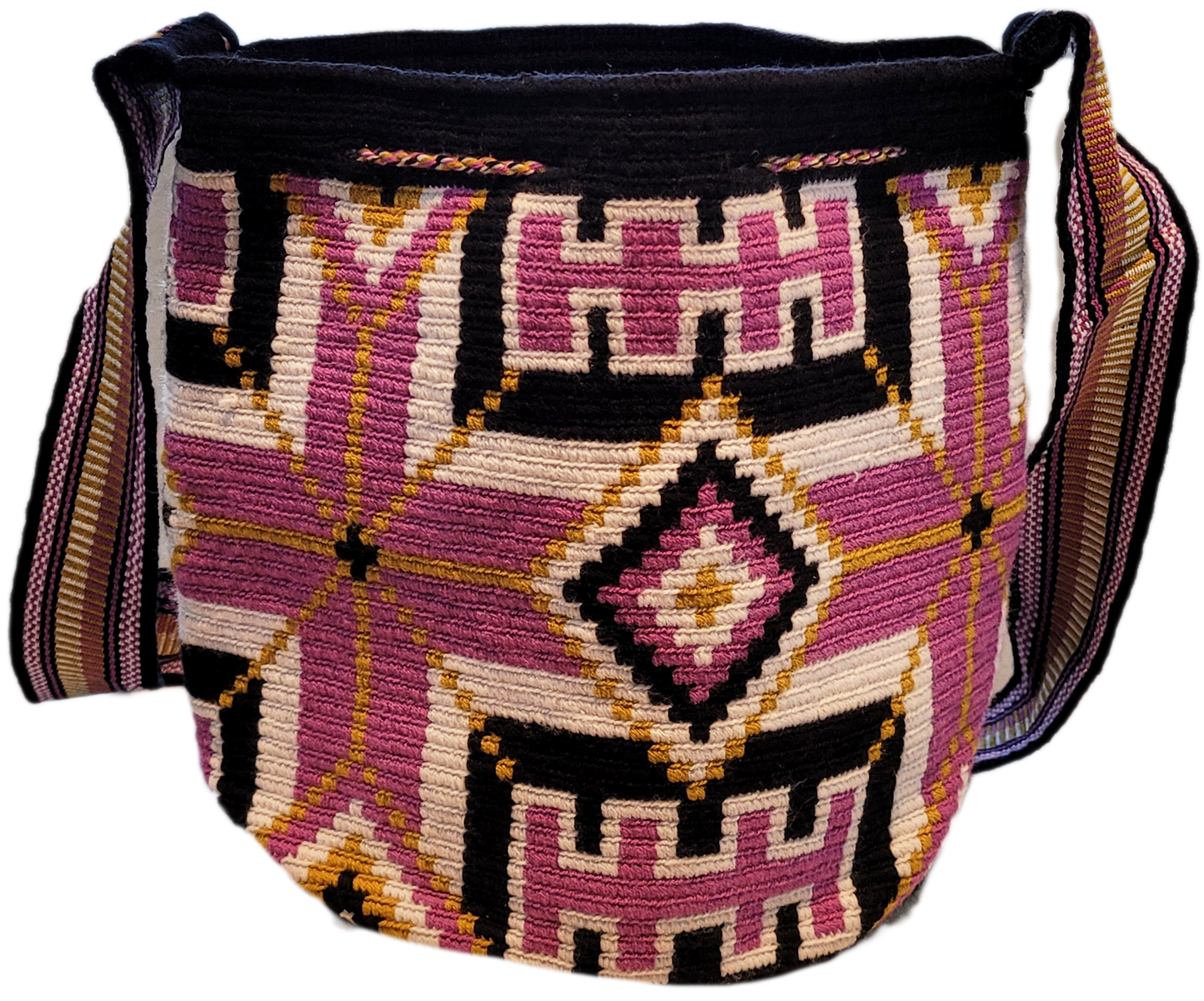 "Colorful handmade Wayuu crochet bag with geometric patterns and long, artisan-crafted straps for versatile wear."