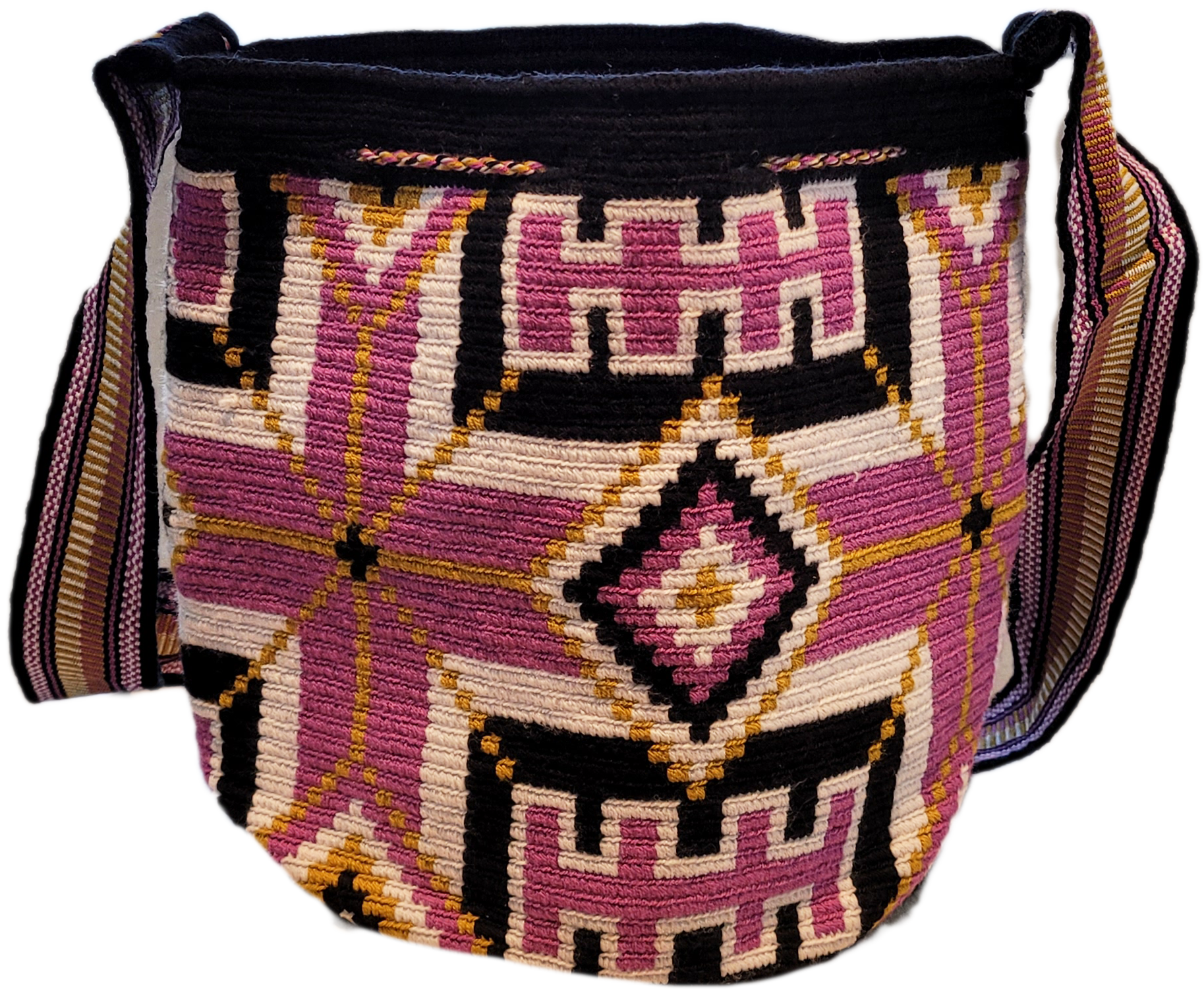 Bottom view "Colorful handmade Wayuu crochet bag with geometric patterns and long, artisan-crafted straps for versatile wear."