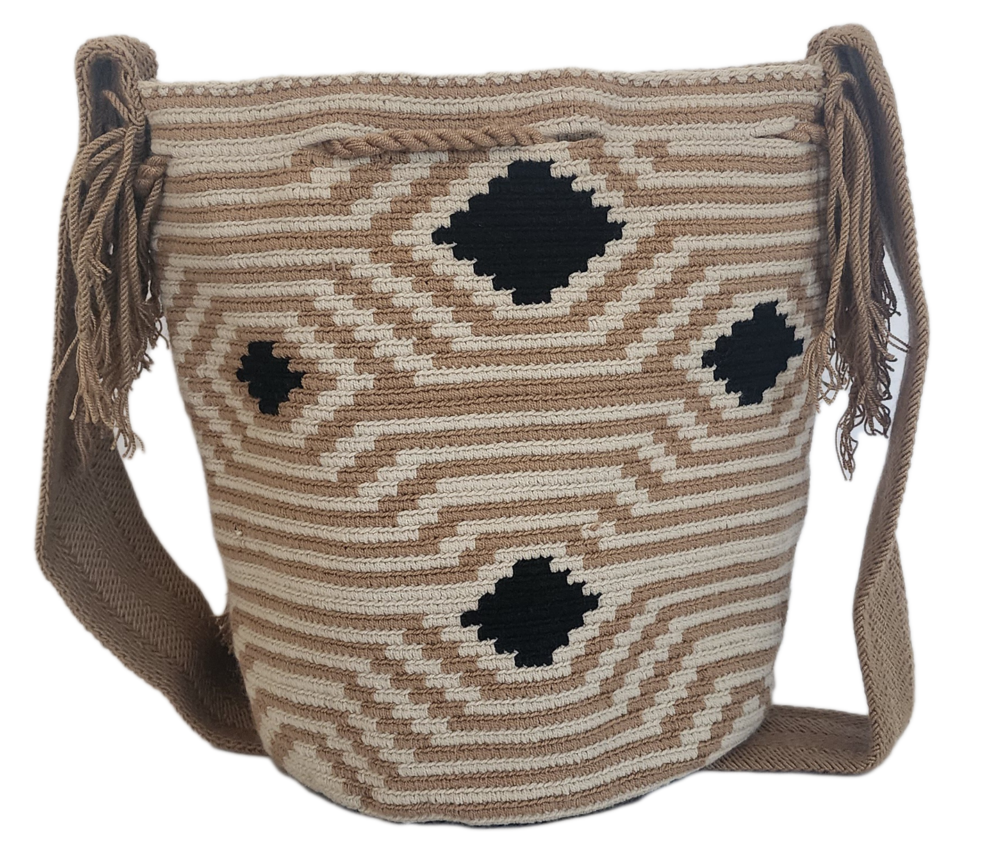 "Colorful handmade Wayuu crochet bag with geometric patterns, showcasing bohemian style and cultural craftsmanship."