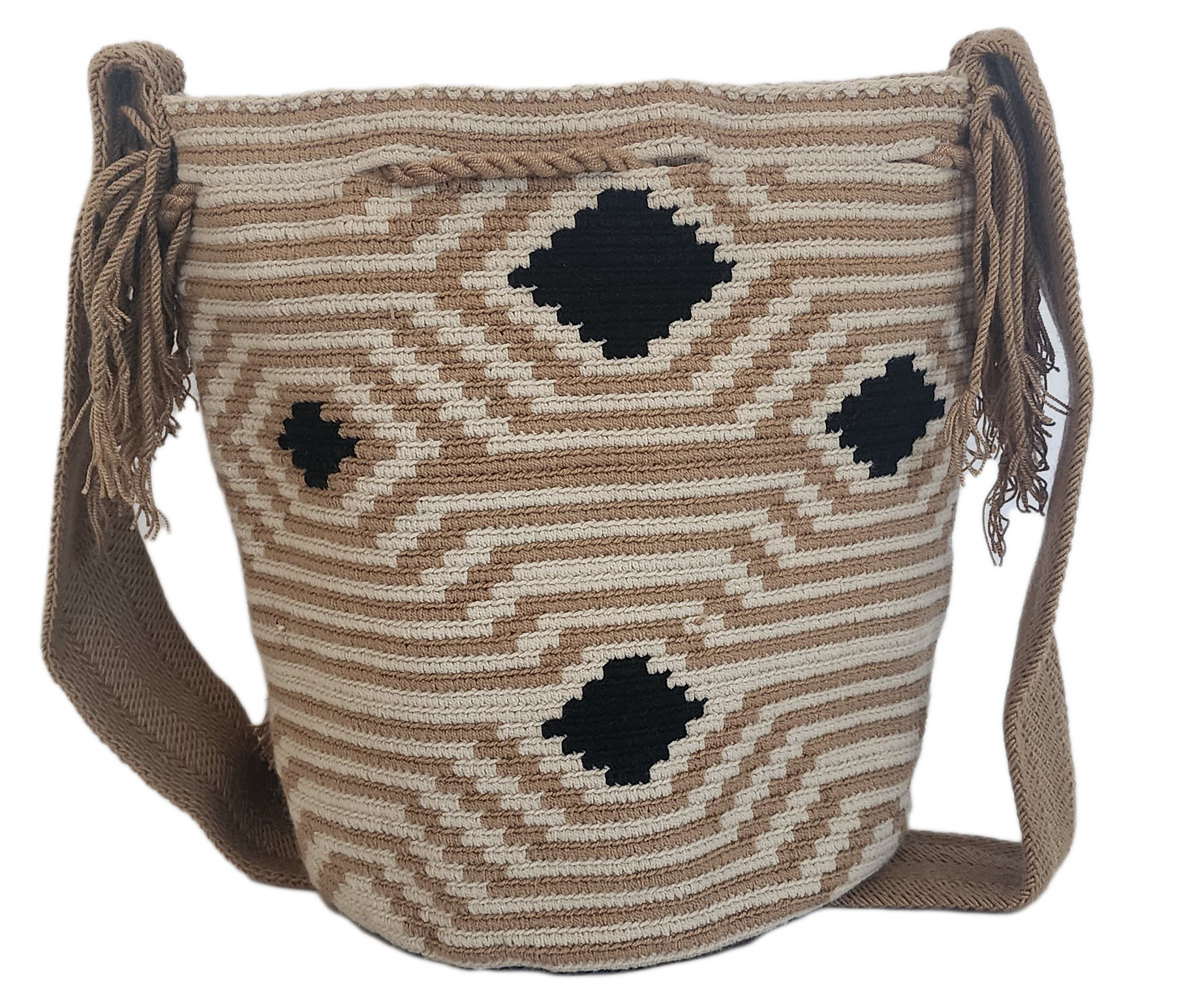 Bottom view "Colorful handmade Wayuu crochet bag with geometric patterns, showcasing bohemian style and cultural craftsmanship."