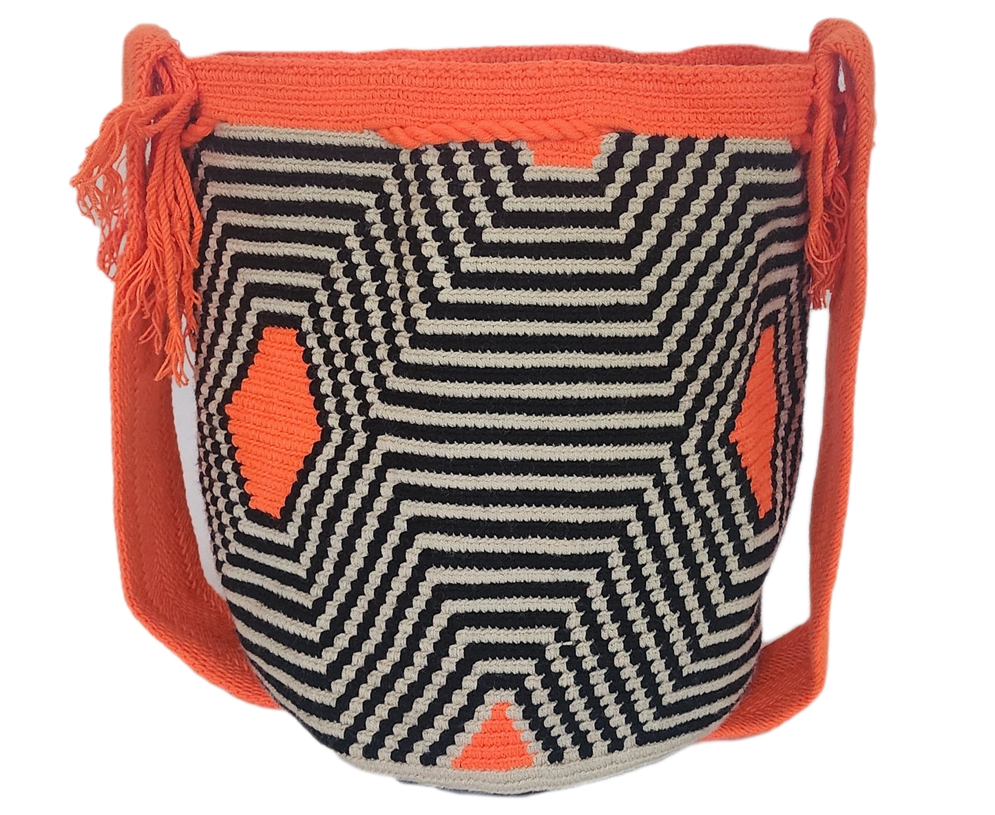 "Colorful handmade Wayuu crochet bag with geometric patterns, adjustable woven strap, ideal for versatile bohemian style."