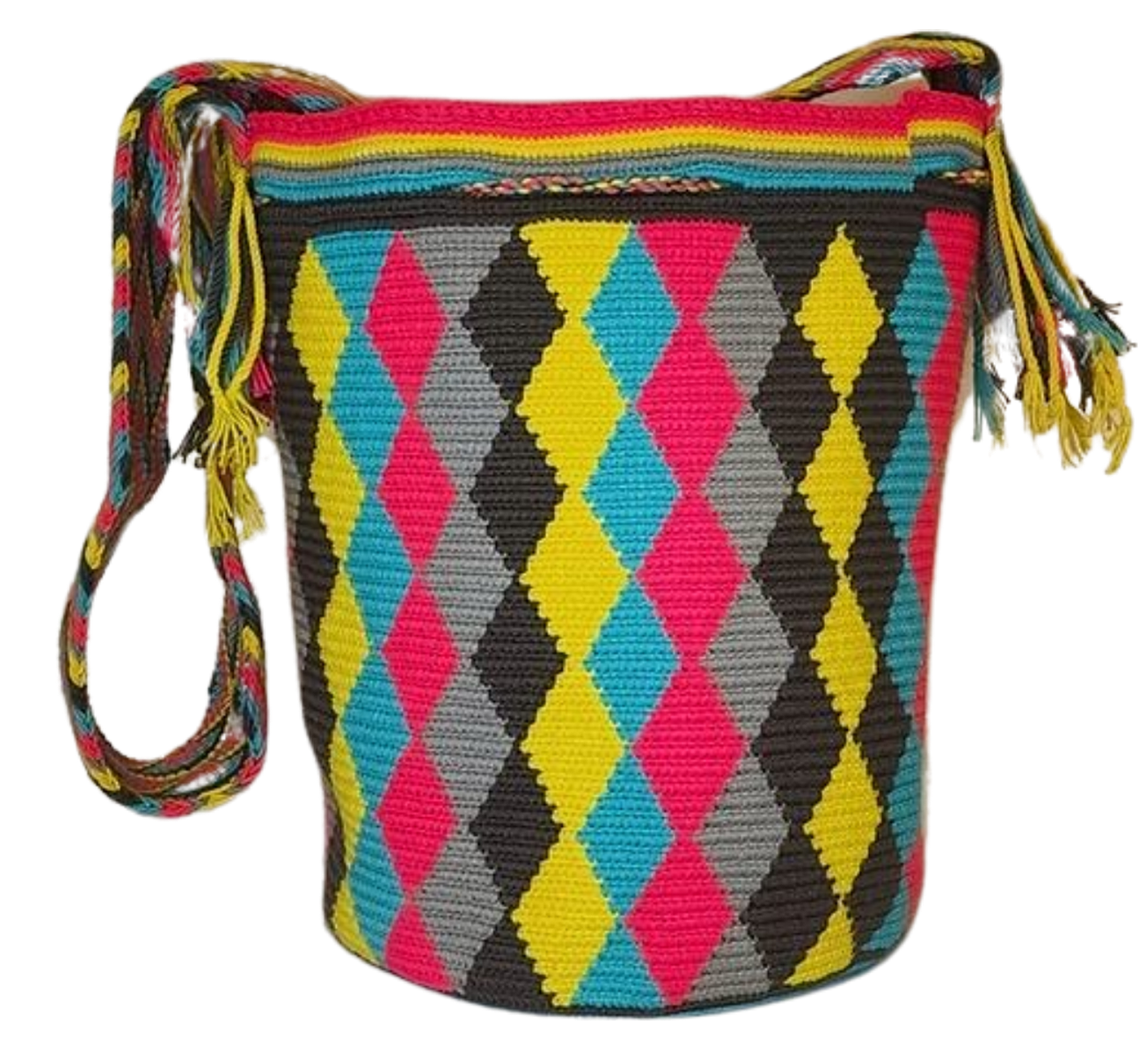 "Colorful handmade Wayuu crochet bag with geometric patterns, ideal as a boho crossbody or shoulder bag."