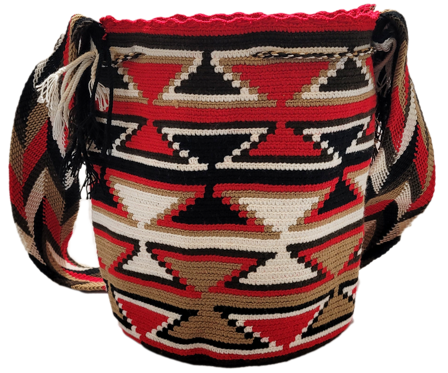 "Colorful handmade Wayuu crochet bag with intricate geometric patterns and adjustable strap, showcasing traditional Colombian
