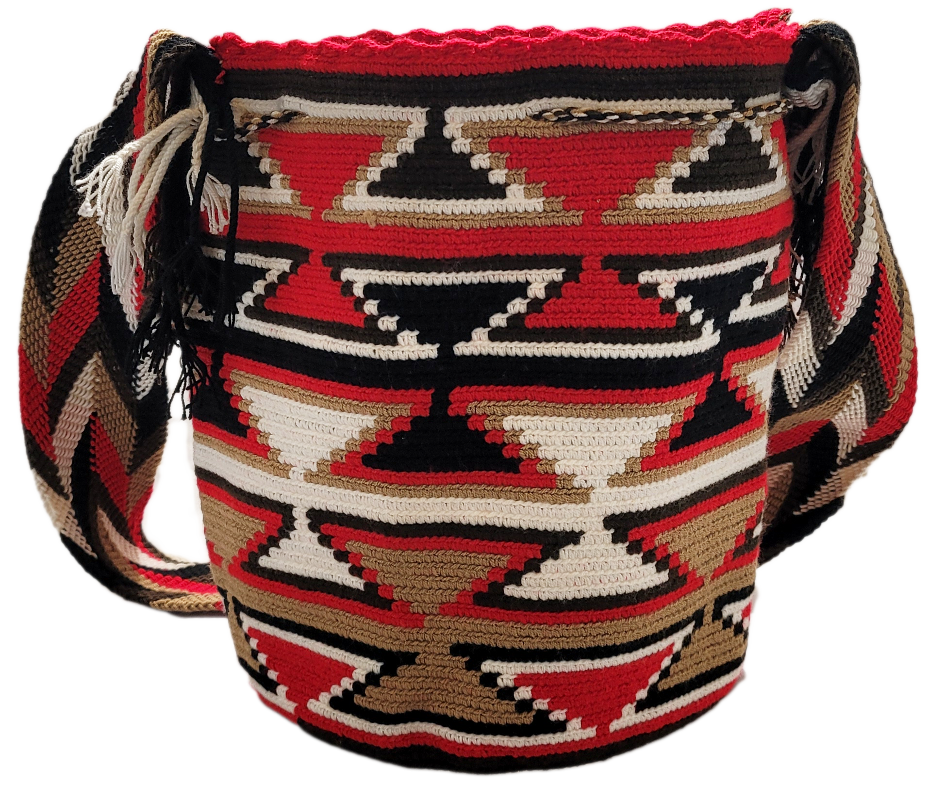 "Colorful handmade Wayuu crochet bag with intricate geometric patterns and adjustable strap, showcasing traditional Colombian