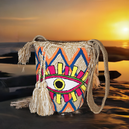 "Colorful handmade Wayuu crochet bag with intricate geometric patterns, showcasing traditional craftsmanship and modern boho 