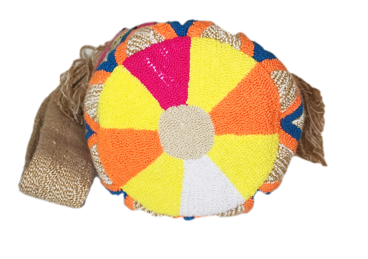 "Colorful handmade Wayuu crochet bag with intricate geometric patterns, showcasing traditional craftsmanship and modern boho 