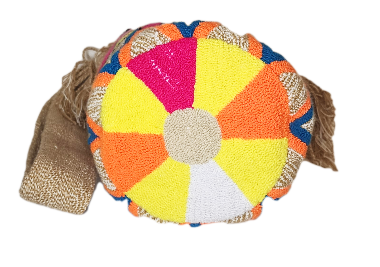 "Colorful handmade Wayuu crochet bag with intricate geometric patterns, showcasing traditional craftsmanship and modern boho 