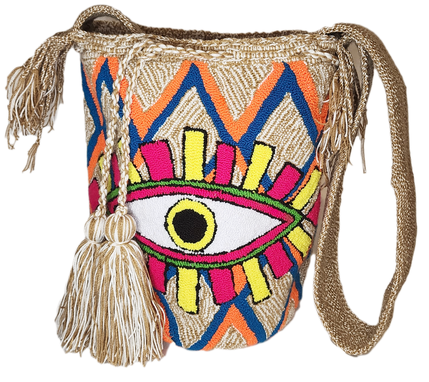 "Colorful handmade Wayuu crochet bag with intricate geometric patterns, showcasing traditional craftsmanship and modern boho 
