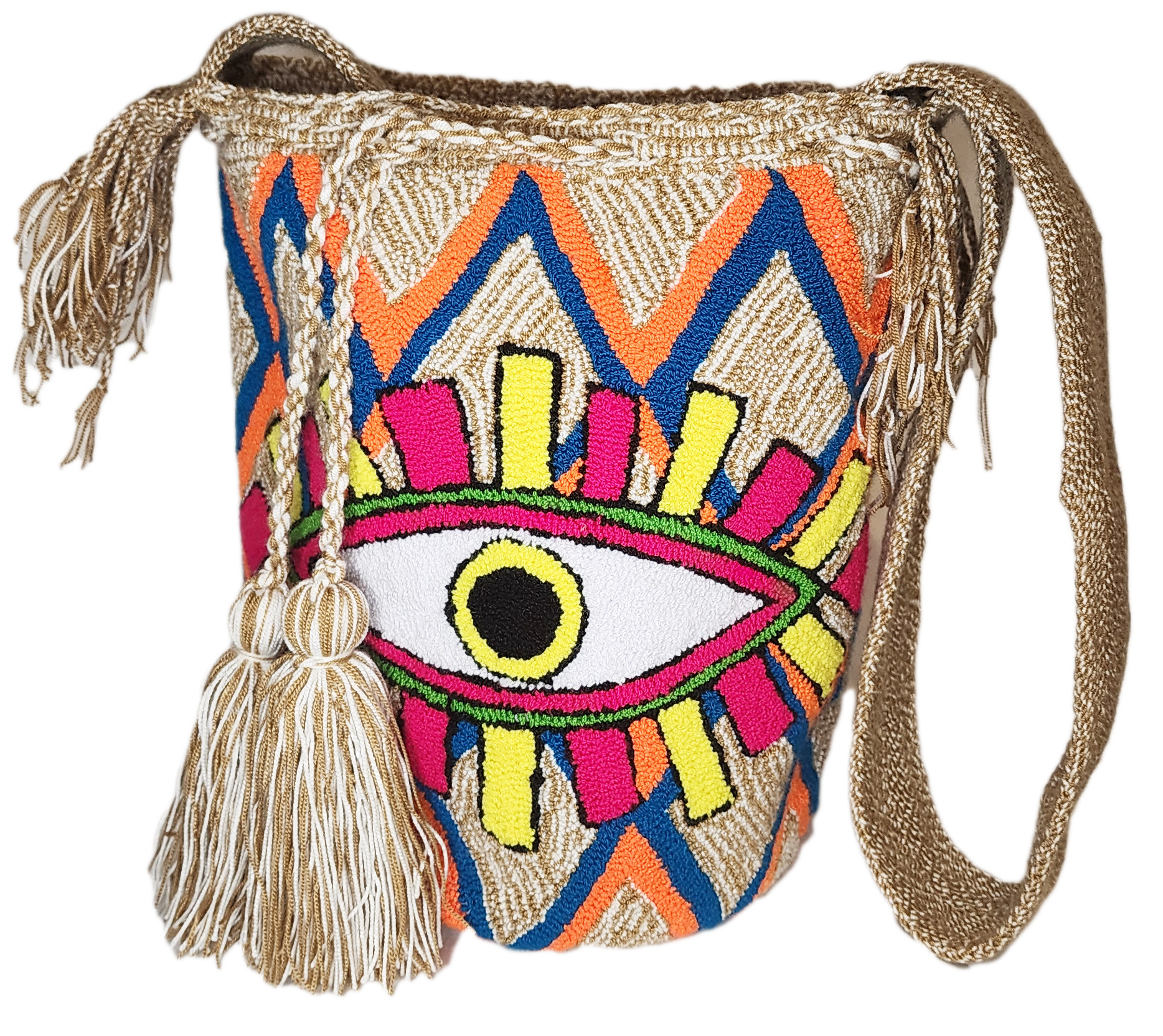 "Colorful handmade Wayuu crochet bag with intricate geometric patterns, showcasing traditional craftsmanship and modern boho 