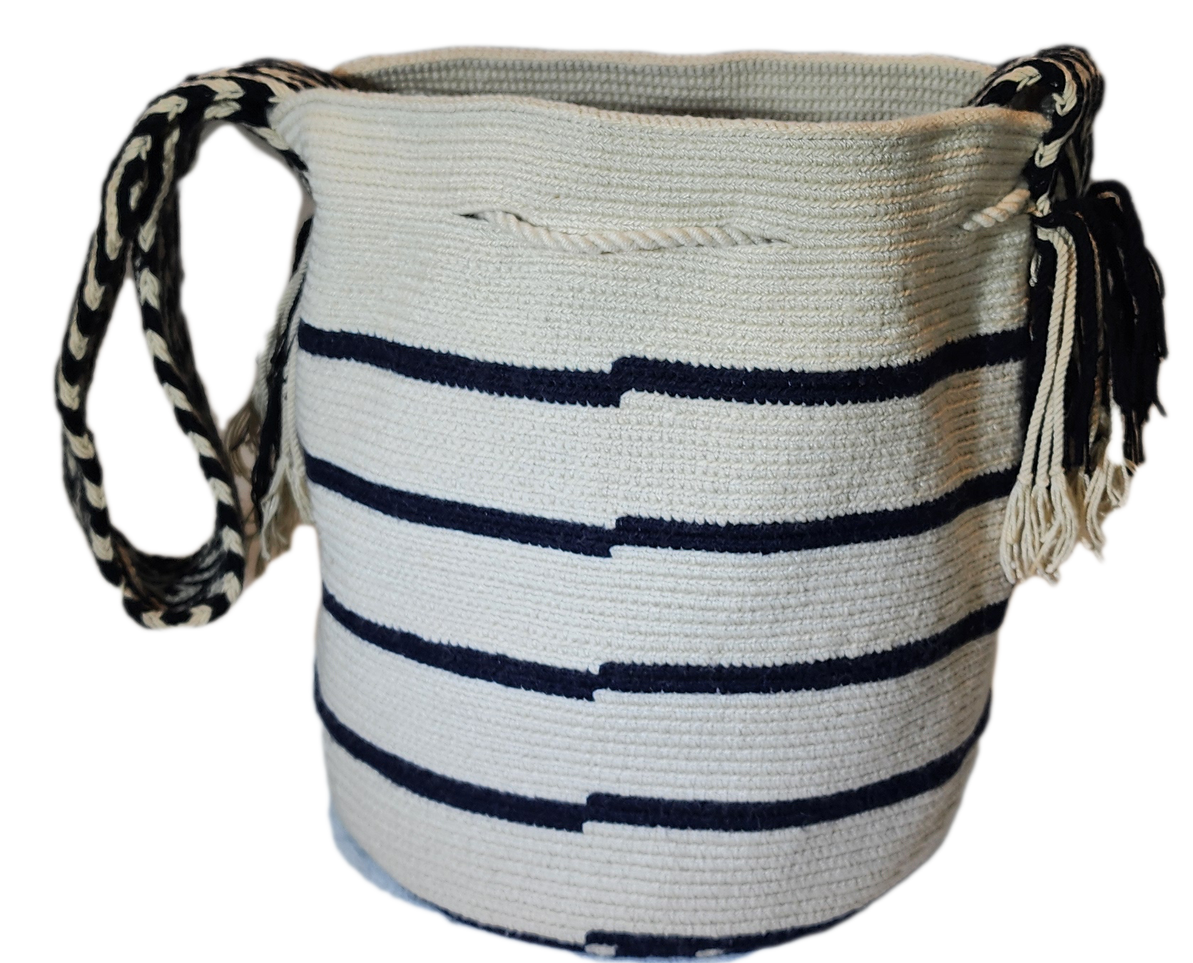 Bottom view "Colorful handmade Wayuu crochet bag with intricate geometric patterns, showcasing traditional craftsmanship and ethical fash