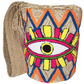 "Colorful handmade Wayuu crochet bag with intricate geometric patterns, showcasing traditional craftsmanship and modern boho 