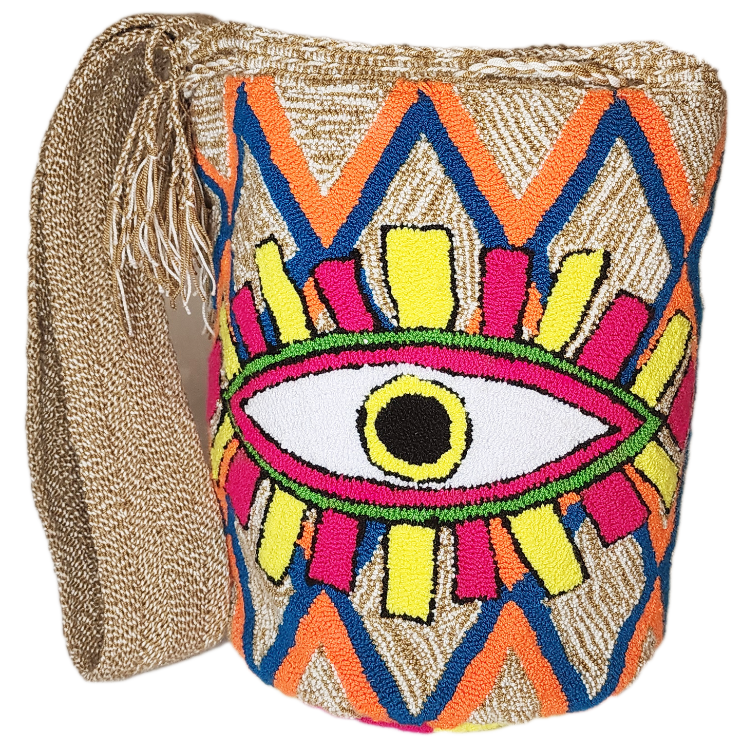 "Colorful handmade Wayuu crochet bag with intricate geometric patterns, showcasing traditional craftsmanship and modern boho 
