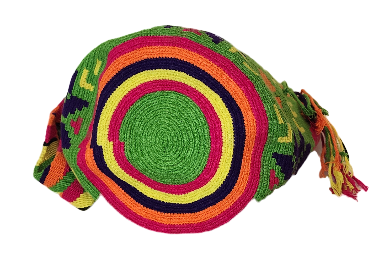 "Colorful handmade Wayuu crochet bag with intricate patterns, adjustable strap, showcasing bohemian charm and artisan craftsm