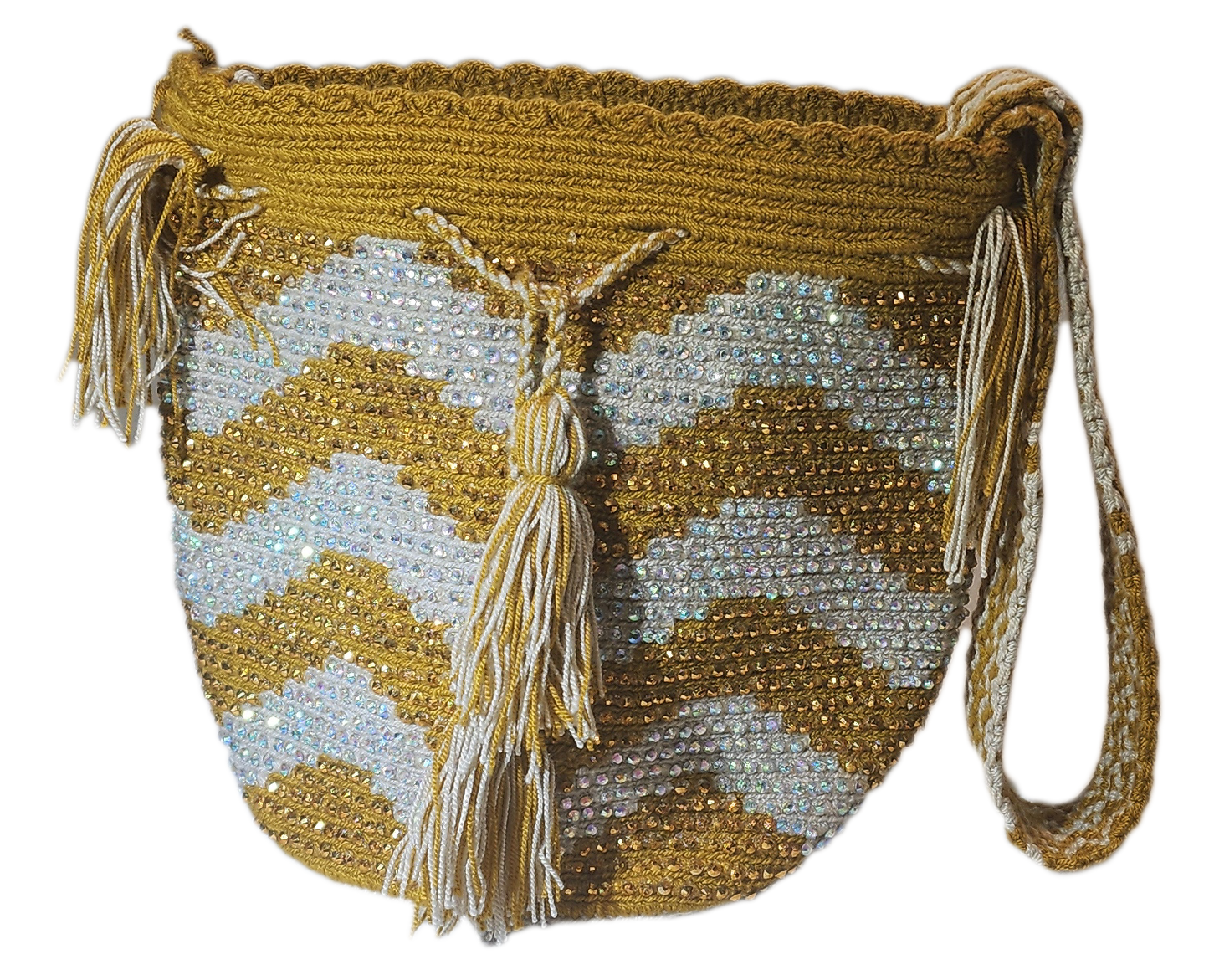 "Colorful handmade Wayuu crochet bag with intricate patterns and a long strap, showcasing traditional craftsmanship."