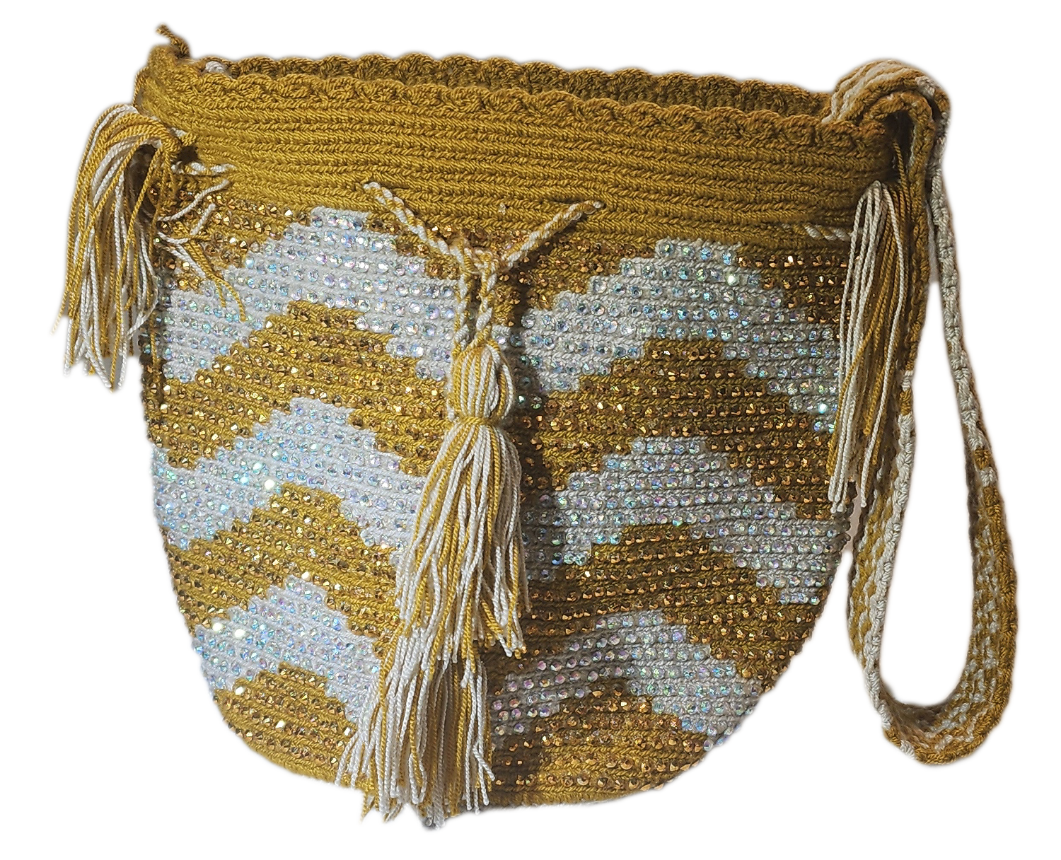 "Colorful handmade Wayuu crochet bag with intricate patterns and a long strap, showcasing traditional craftsmanship."