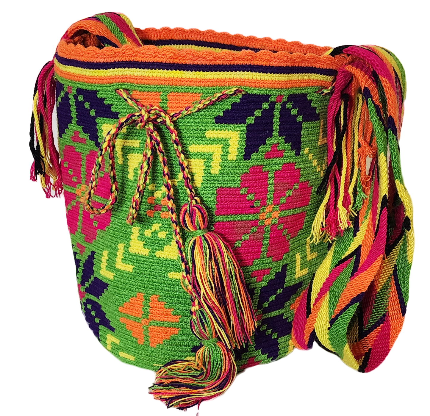 "Colorful handmade Wayuu crochet bag with intricate patterns, adjustable strap, showcasing bohemian charm and artisan craftsm