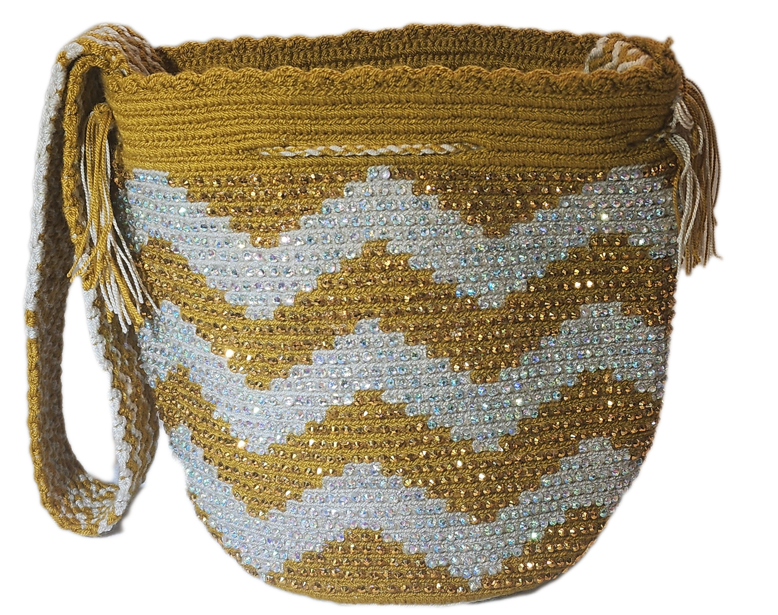 Bottom view "Colorful handmade Wayuu crochet bag with intricate patterns and a long strap, showcasing traditional craftsmanship."