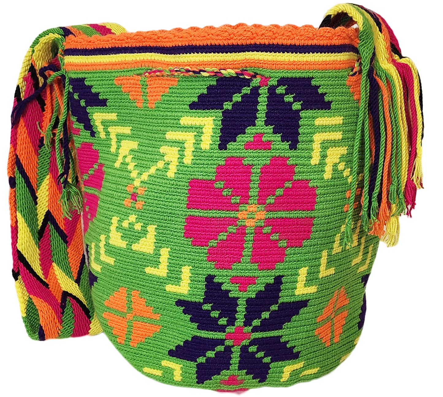 "Colorful handmade Wayuu crochet bag with intricate patterns, adjustable strap, showcasing bohemian charm and artisan craftsm