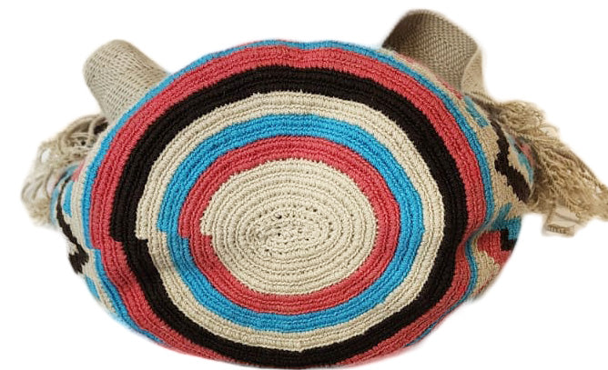 "Colorful handmade Wayuu crochet bag with vibrant geometric patterns, celebrating Colombian and Venezuelan heritage."