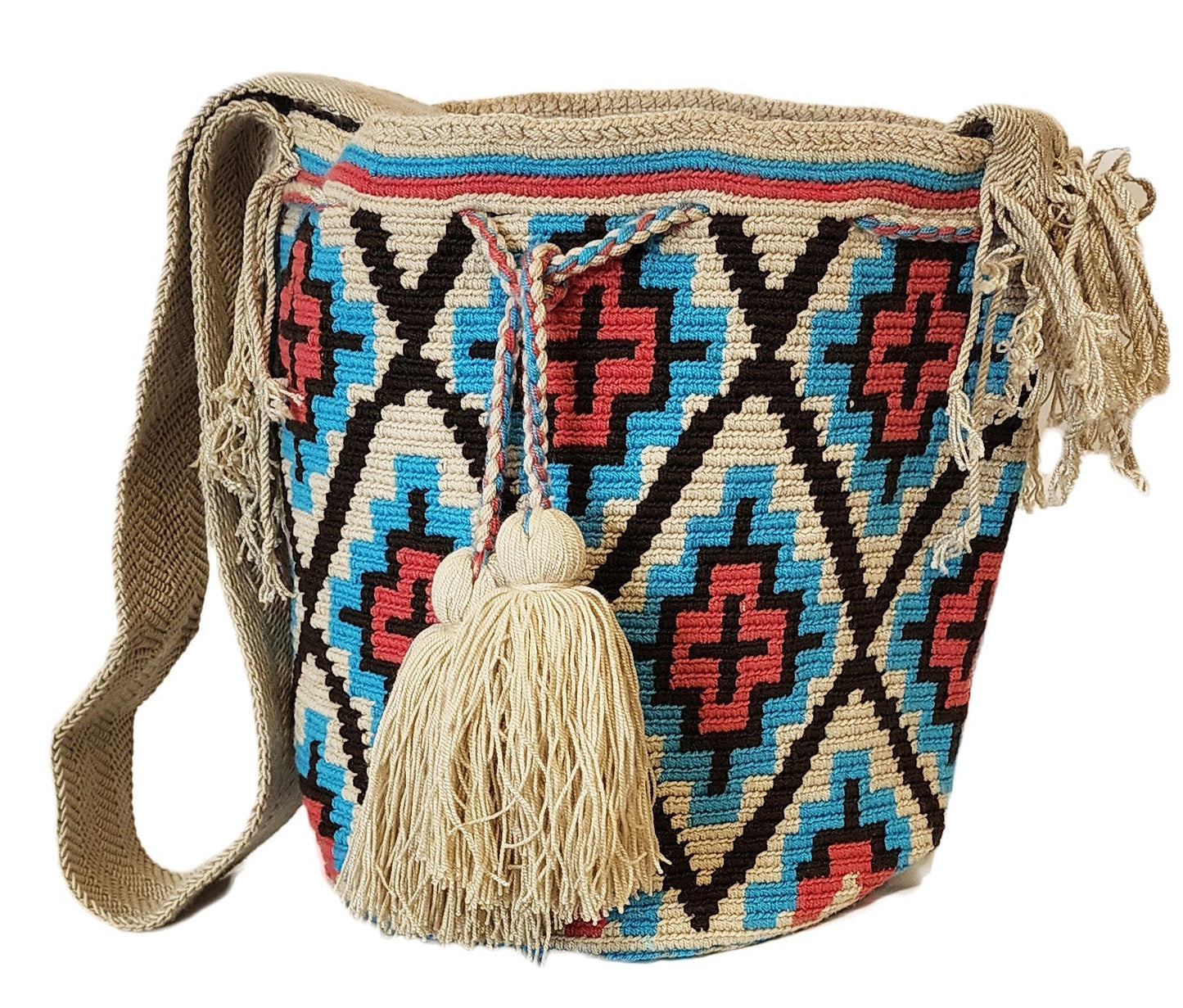 "Colorful handmade Wayuu crochet bag with vibrant geometric patterns, celebrating Colombian and Venezuelan heritage."