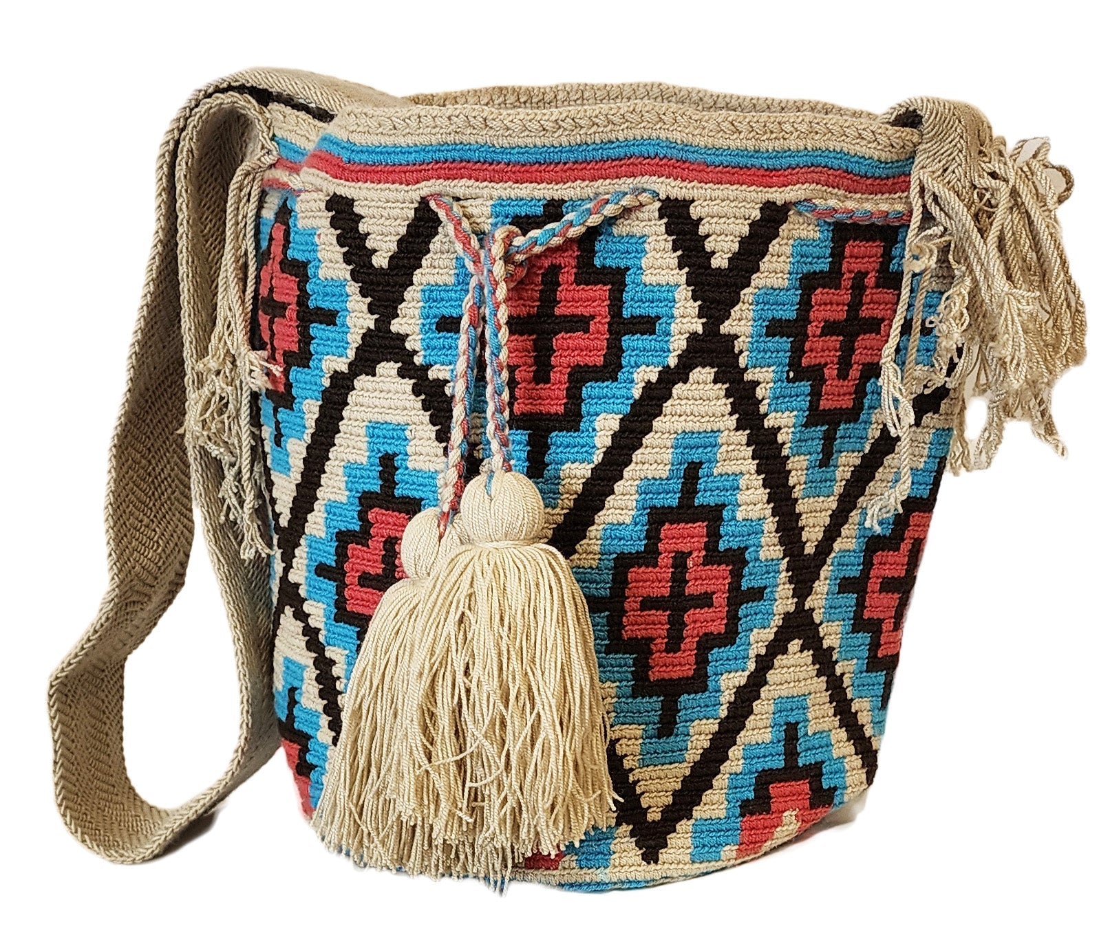 "Colorful handmade Wayuu crochet bag with vibrant geometric patterns, celebrating Colombian and Venezuelan heritage."