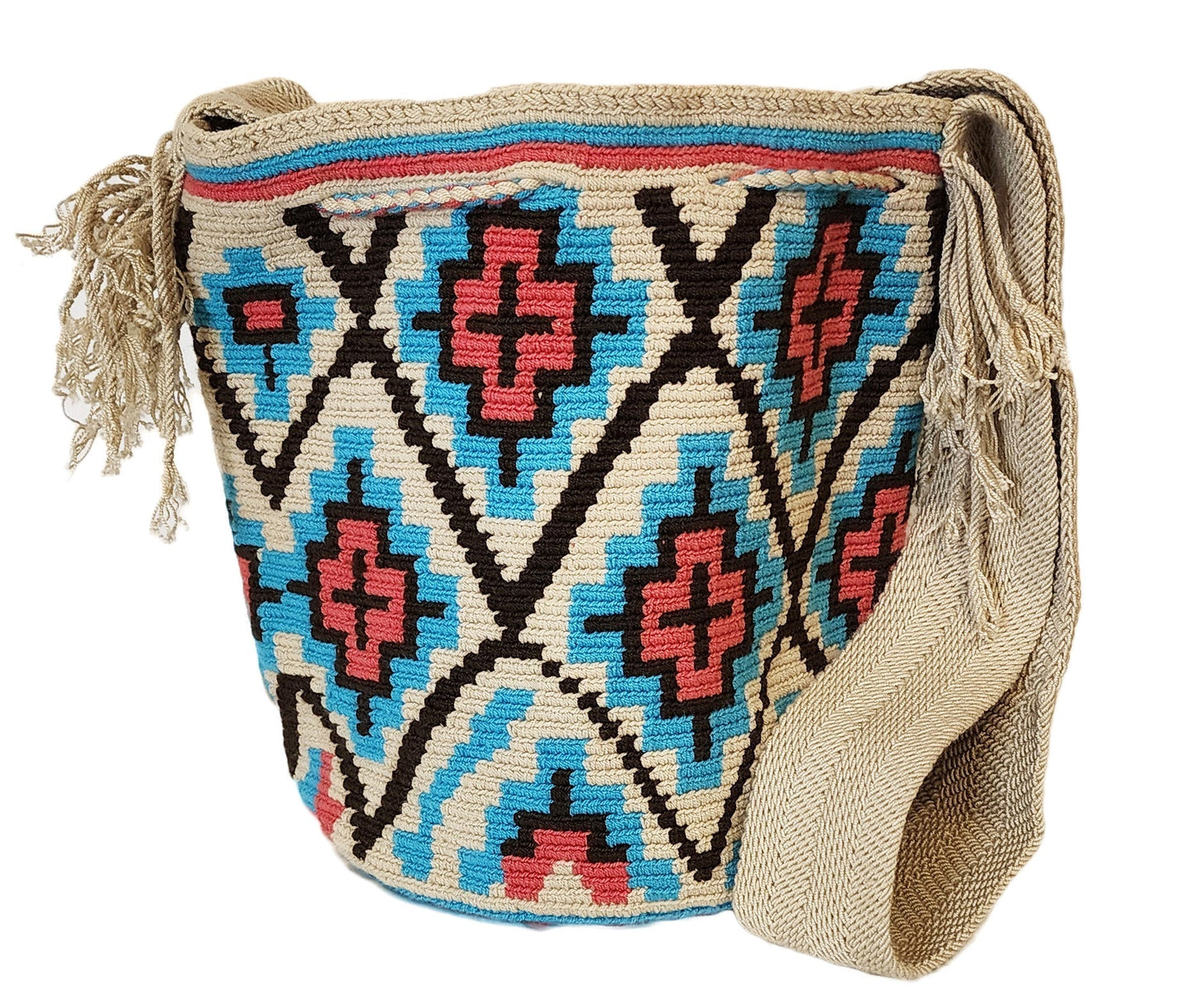 "Colorful handmade Wayuu crochet bag with vibrant geometric patterns, celebrating Colombian and Venezuelan heritage."