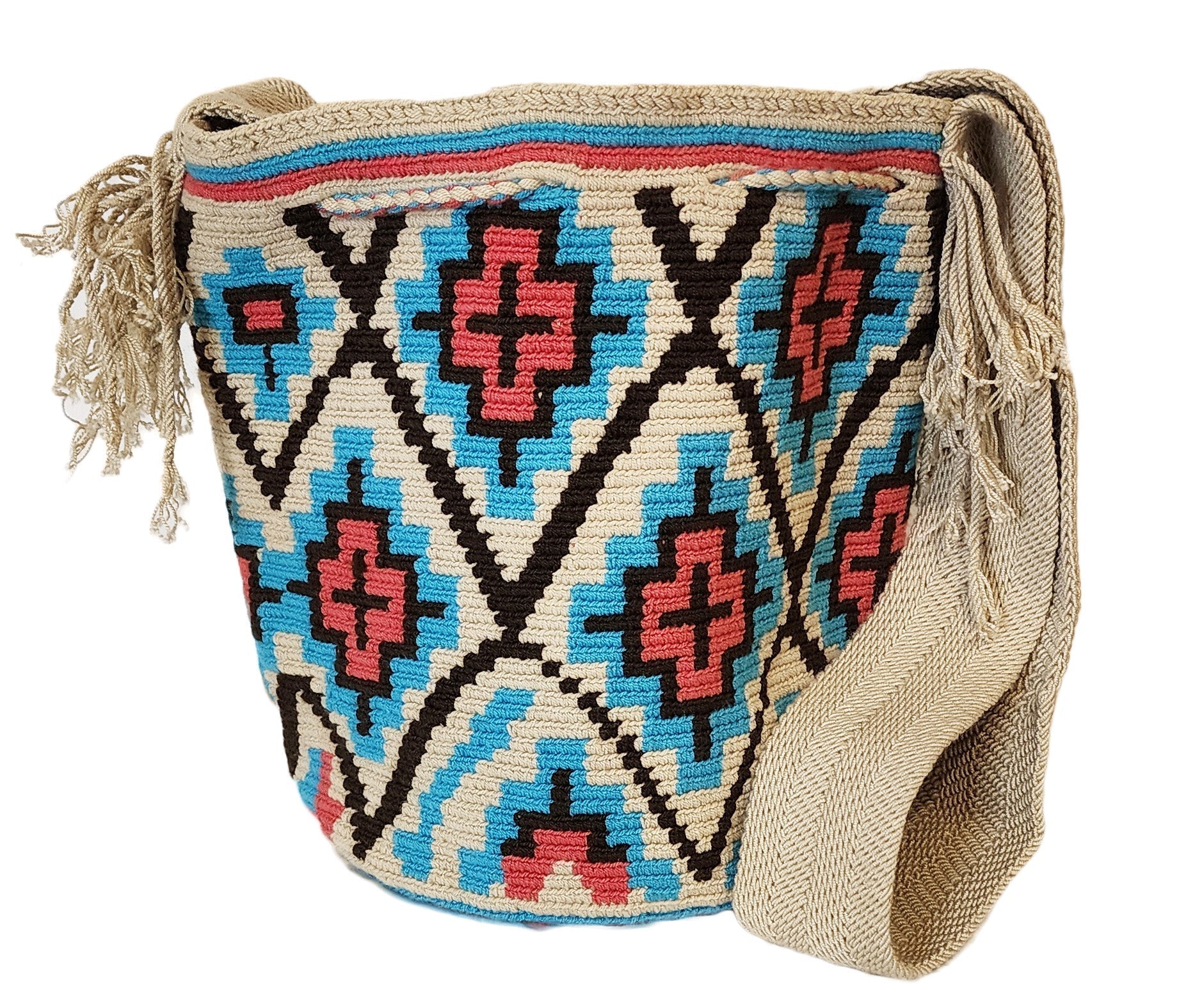 Bottom view "Colorful handmade Wayuu crochet bag with vibrant geometric patterns, celebrating Colombian and Venezuelan heritage."