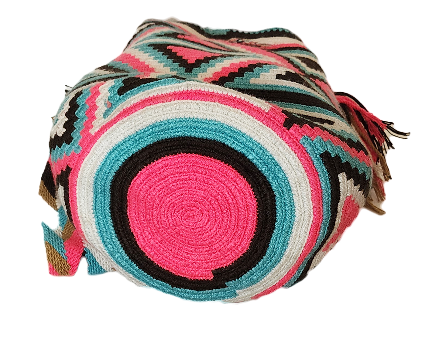 "Colorful handmade Wayuu crochet crossbody bag, showcasing traditional vibrant patterns and a boho flair, perfect for versati