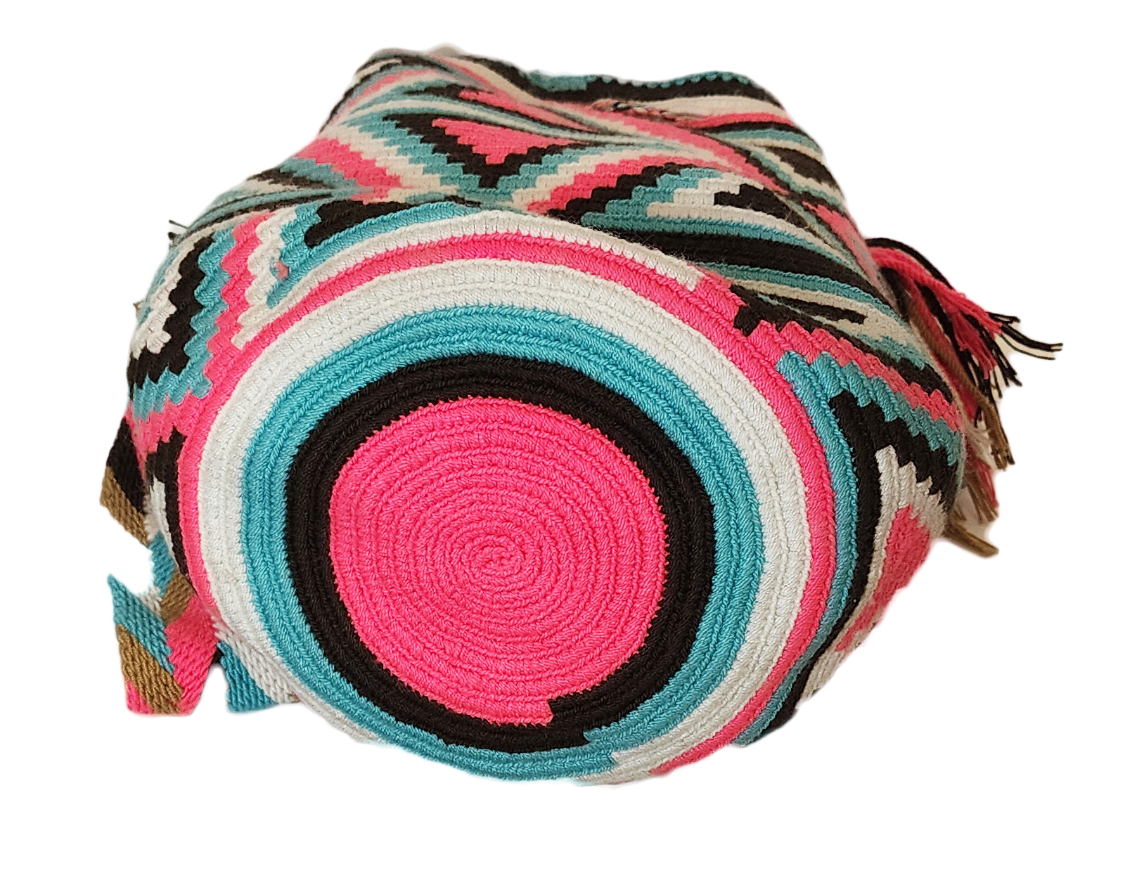 "Colorful handmade Wayuu crochet crossbody bag, showcasing traditional vibrant patterns and a boho flair, perfect for versati