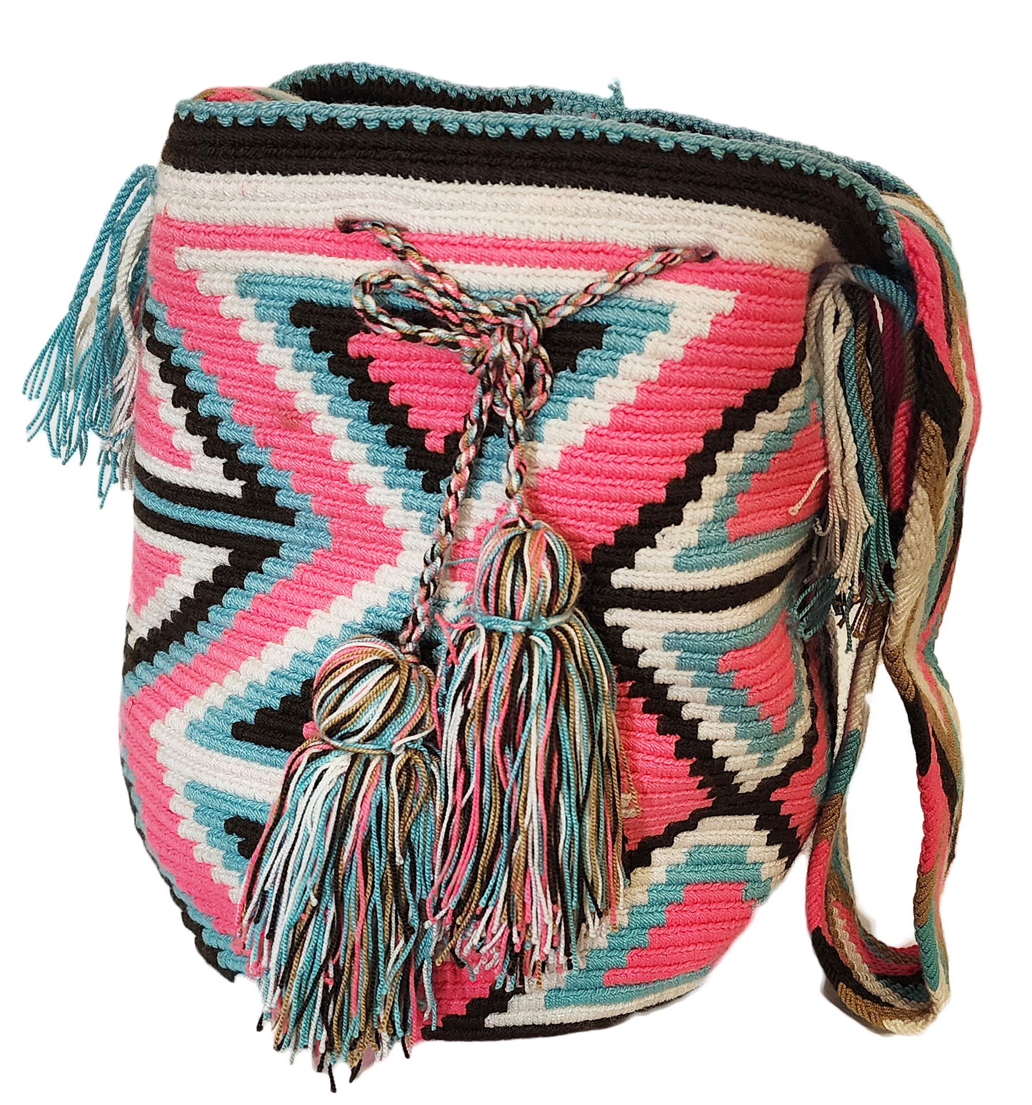 "Colorful handmade Wayuu crochet crossbody bag, showcasing traditional vibrant patterns and a boho flair, perfect for versati