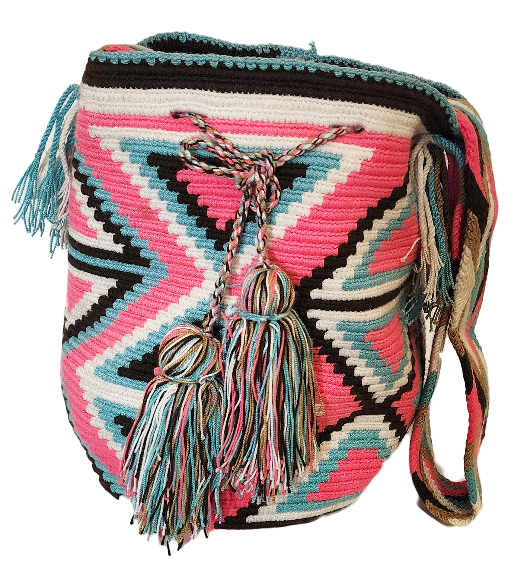 "Colorful handmade Wayuu crochet crossbody bag, showcasing traditional vibrant patterns and a boho flair, perfect for versati