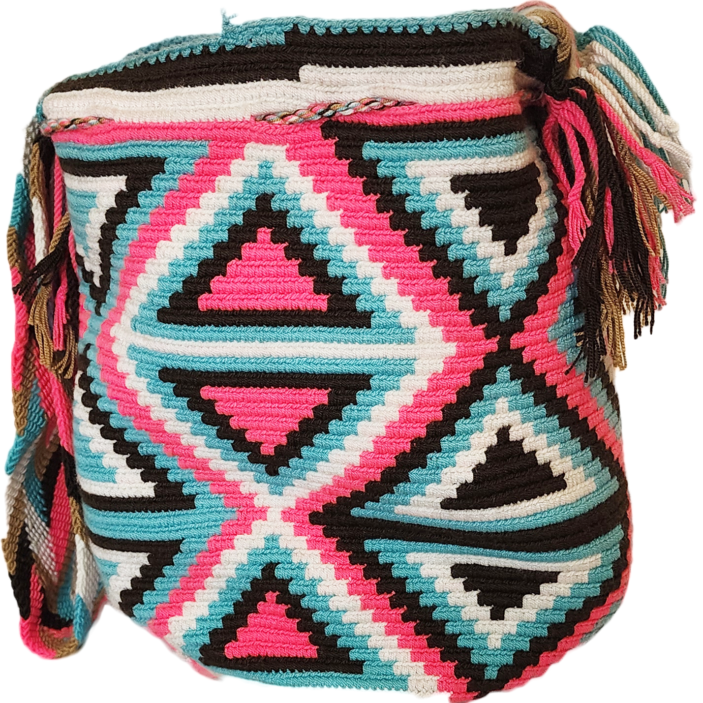 Bottom view "Colorful handmade Wayuu crochet crossbody bag, showcasing traditional vibrant patterns and a boho flair, perfect for versati
