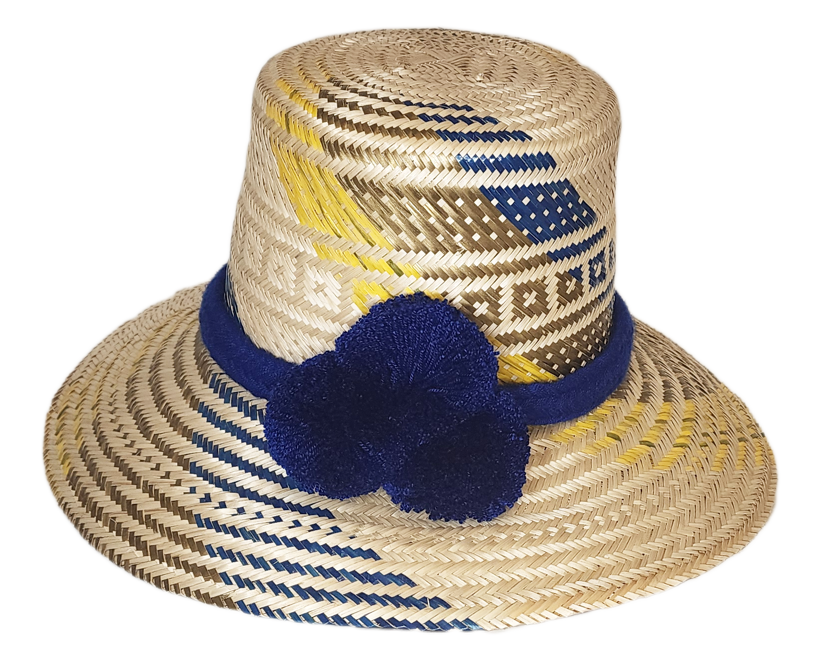 "Colorful handmade Wayuu hat by Wuitusu artisans, adorned with culturally significant pompoms, adjustable for all sizes."