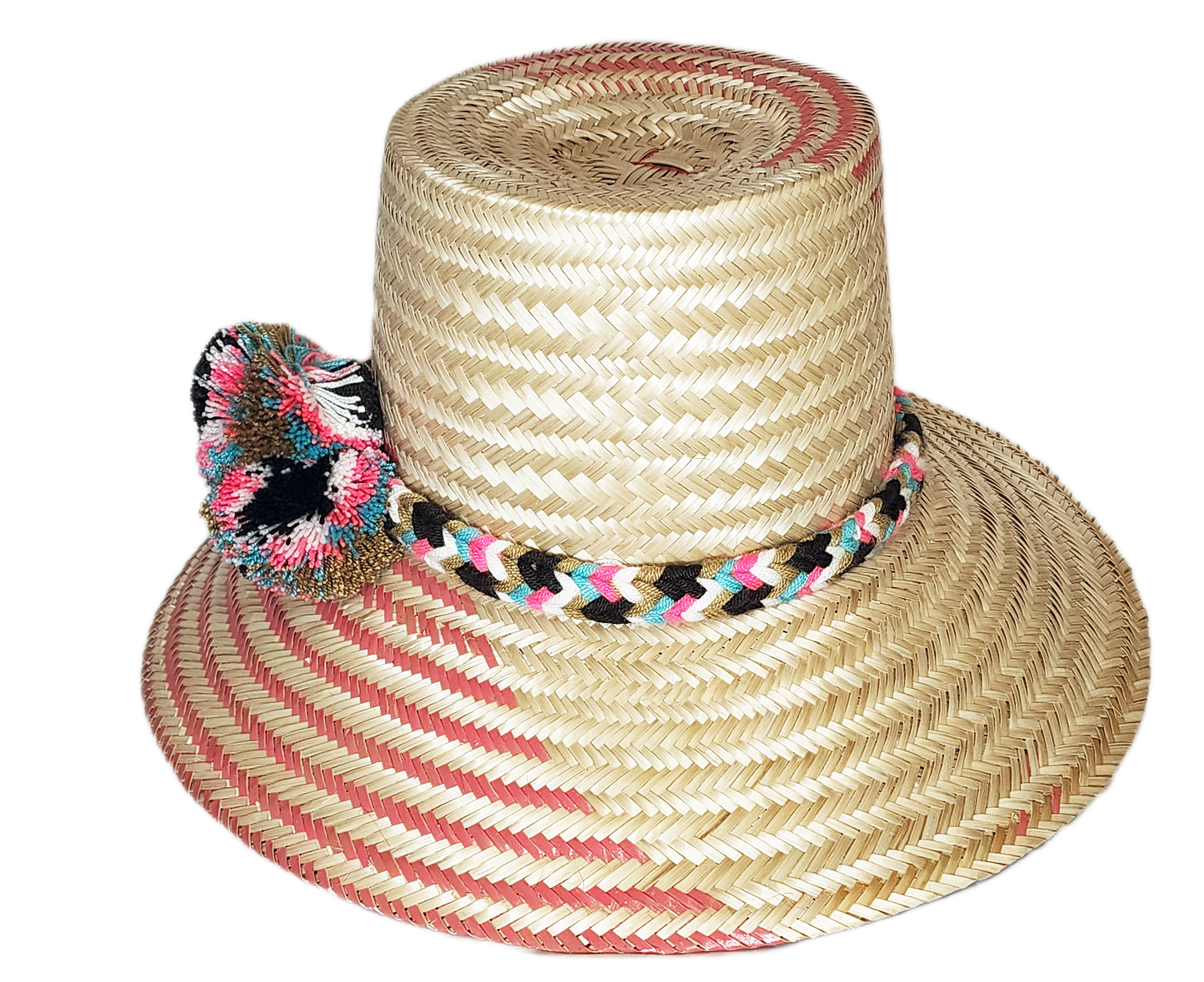 "Colorful handmade Wayuu hat by Wuitusu artisans, adorned with significant cultural pompoms, crafted from Iraca palm fibers."