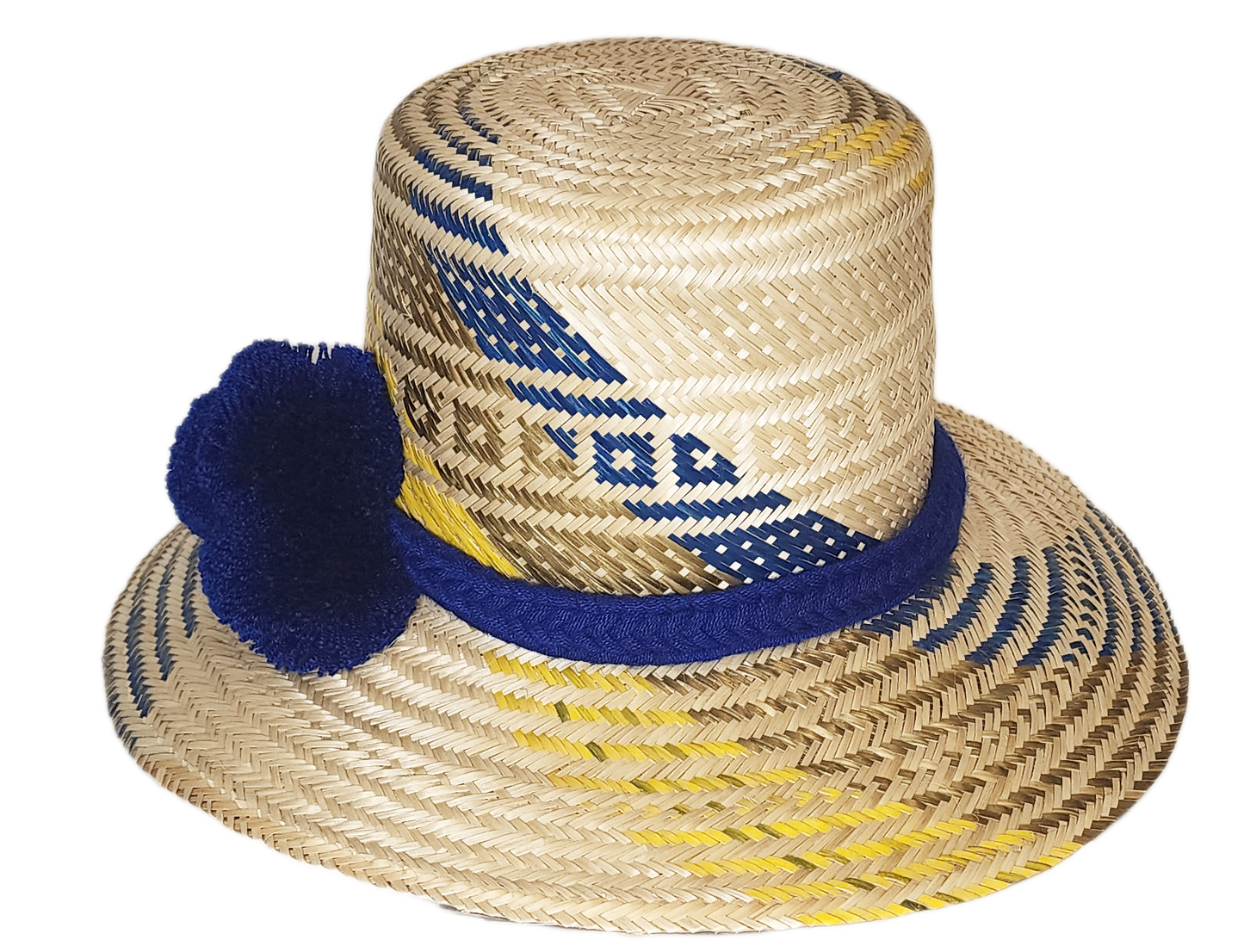 "Colorful handmade Wayuu hat by Wuitusu artisans, adorned with culturally significant pompoms, adjustable for all sizes."